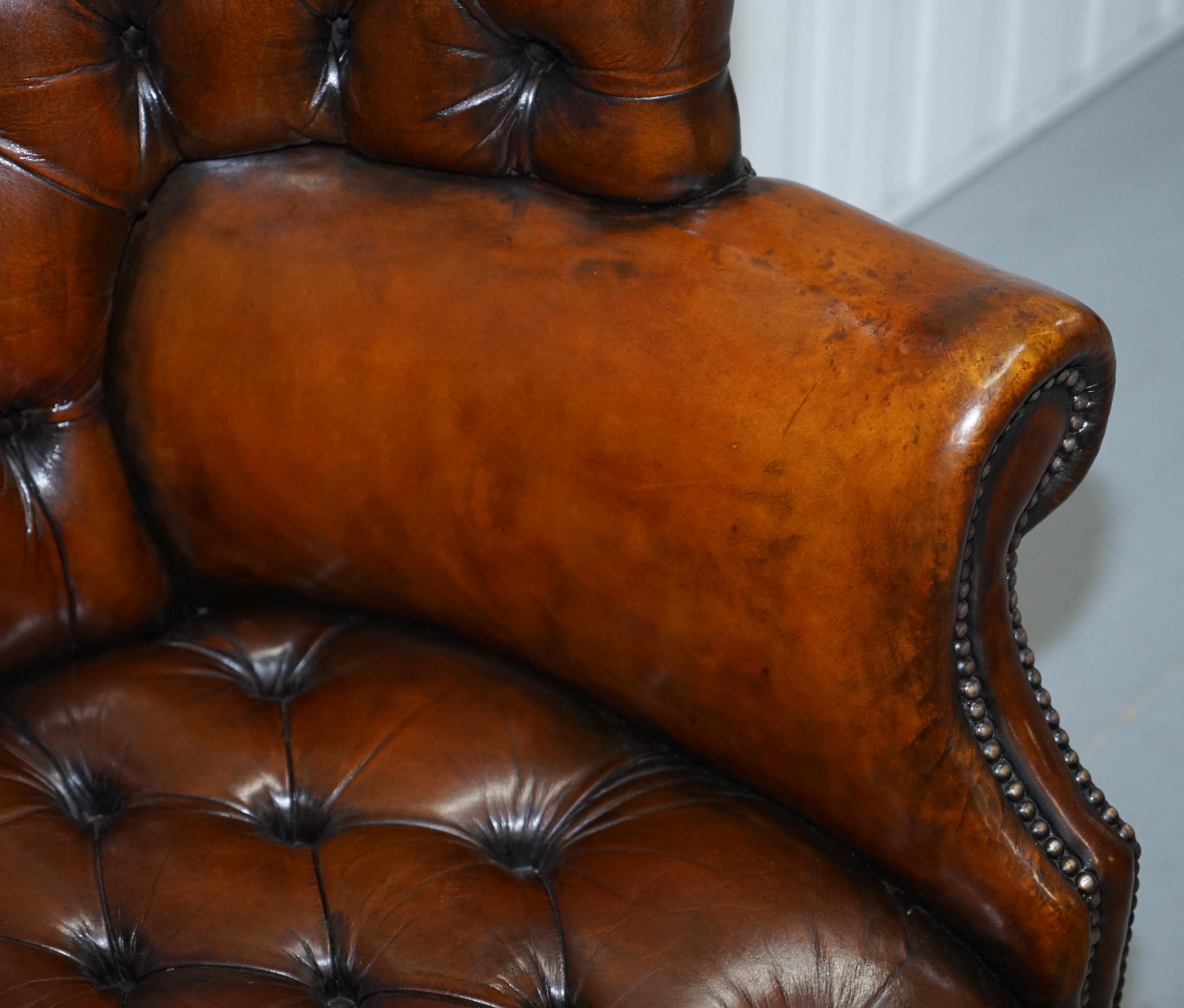 Hand-Crafted 1930s Pair of Chesterfield Barrel Back Porters Wingback Armchairs Brown Leather