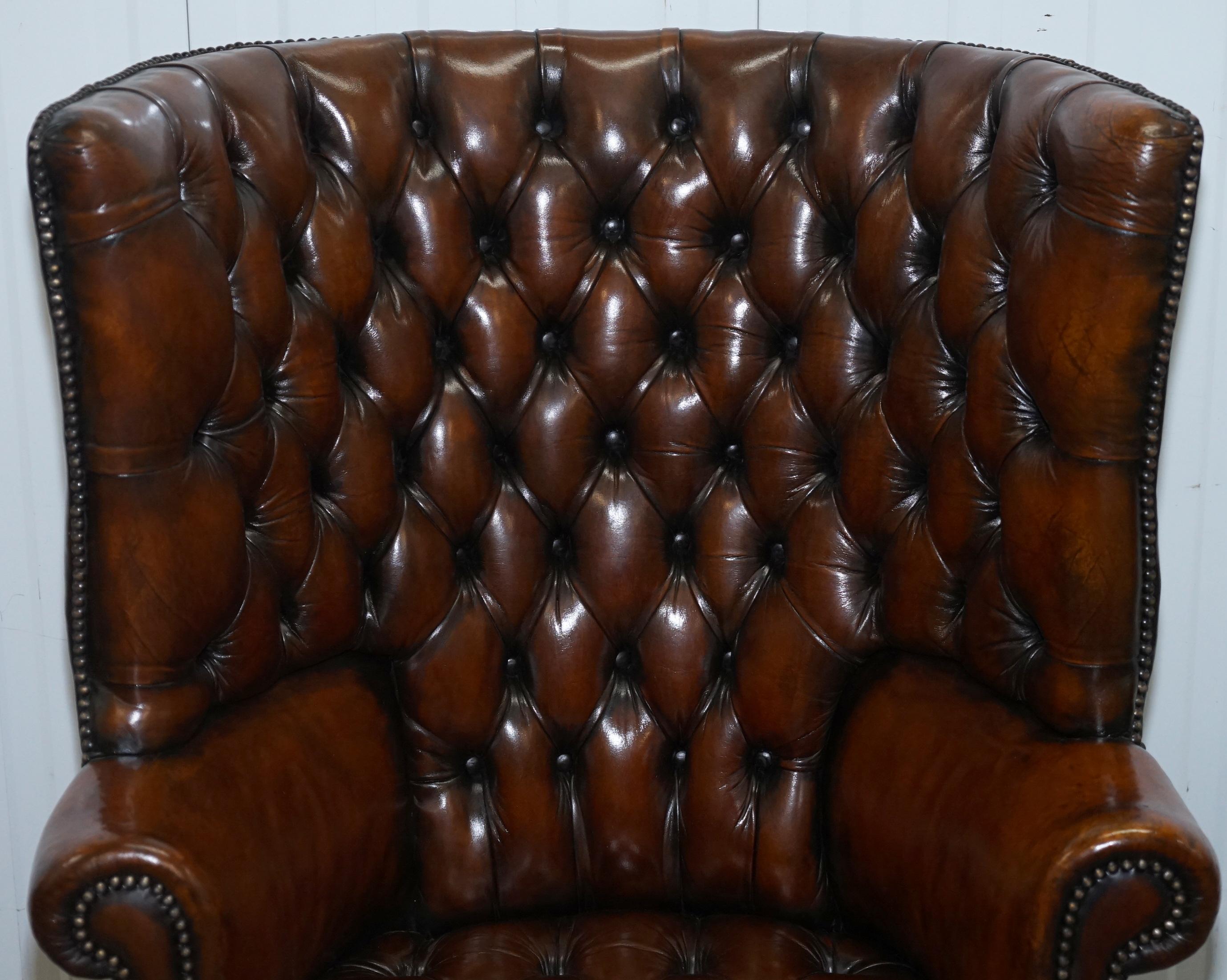20th Century 1930s Pair of Chesterfield Barrel Back Porters Wingback Armchairs Brown Leather