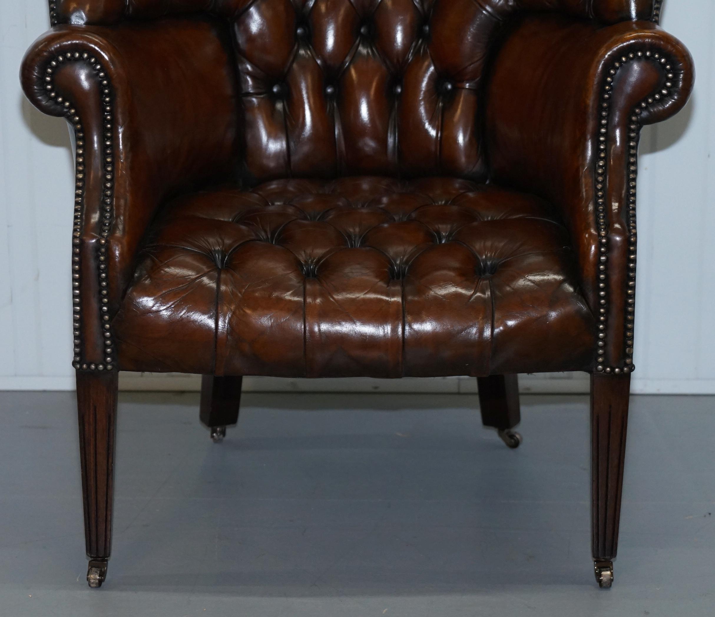 1930s Pair of Chesterfield Barrel Back Porters Wingback Armchairs Brown Leather 1