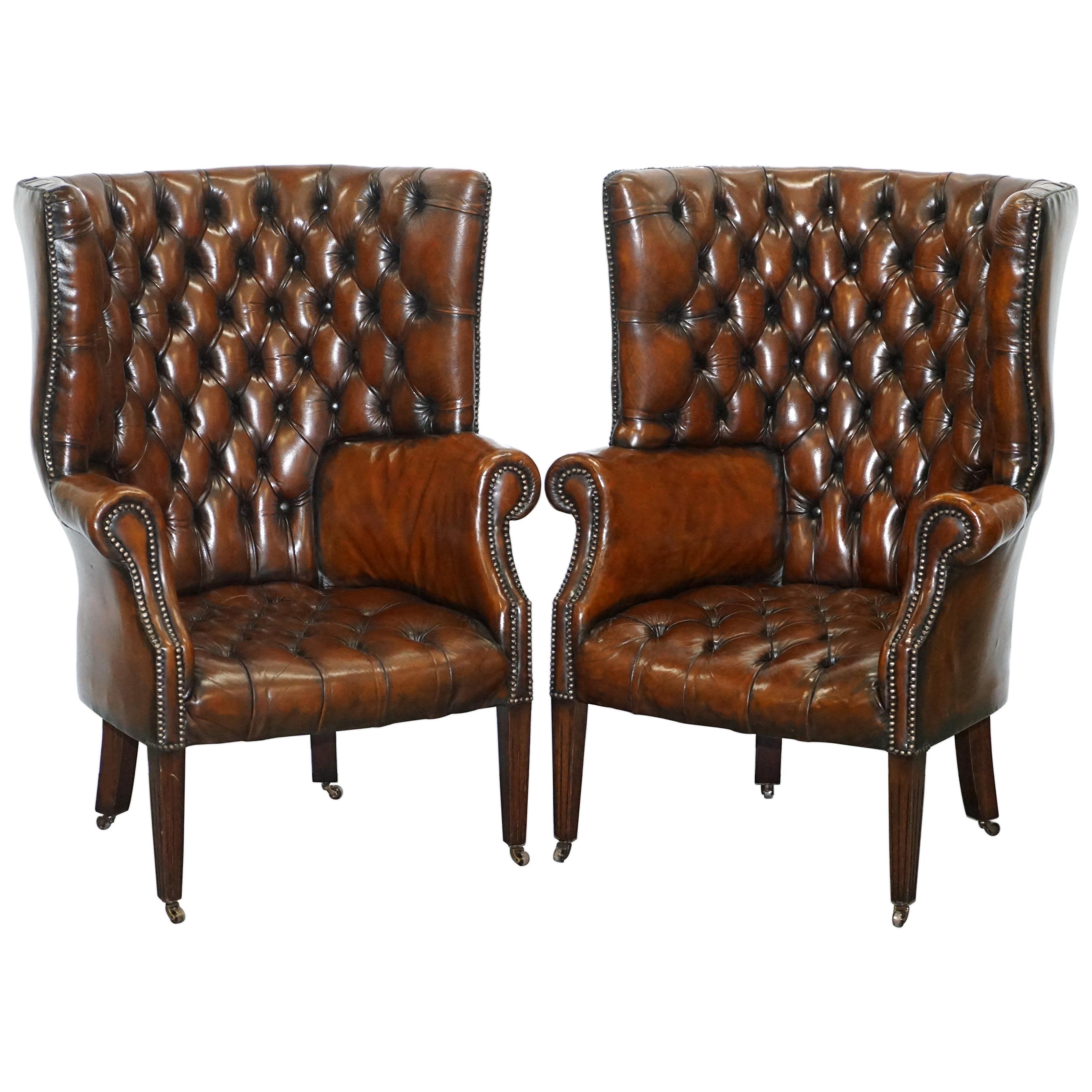 1930s Pair of Chesterfield Barrel Back Porters Wingback Armchairs Brown Leather