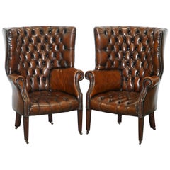 Vintage 1930s Pair of Chesterfield Barrel Back Porters Wingback Armchairs Brown Leather