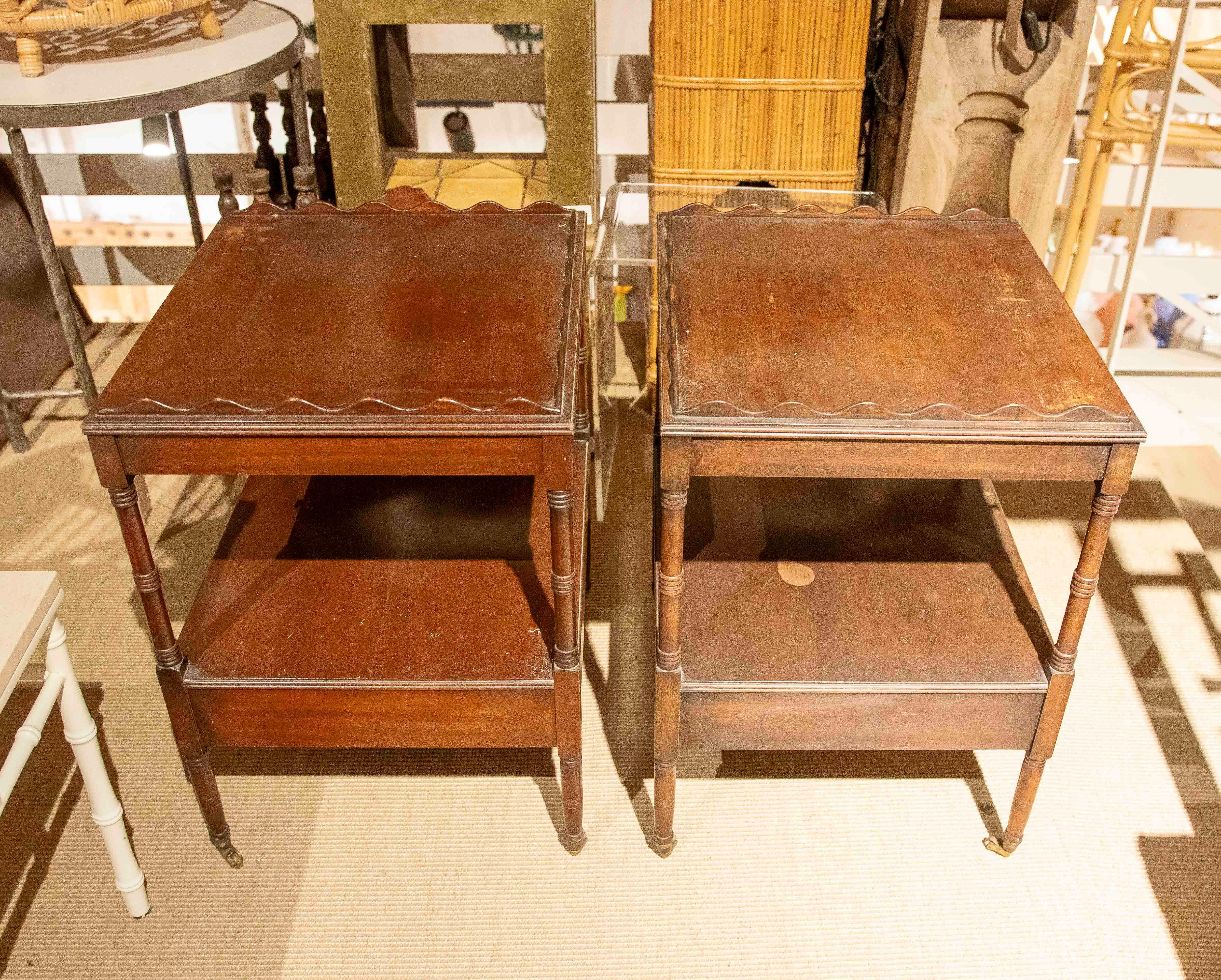 1930s Pair of English Mahogany Office Tables with Bronze Wheels 7