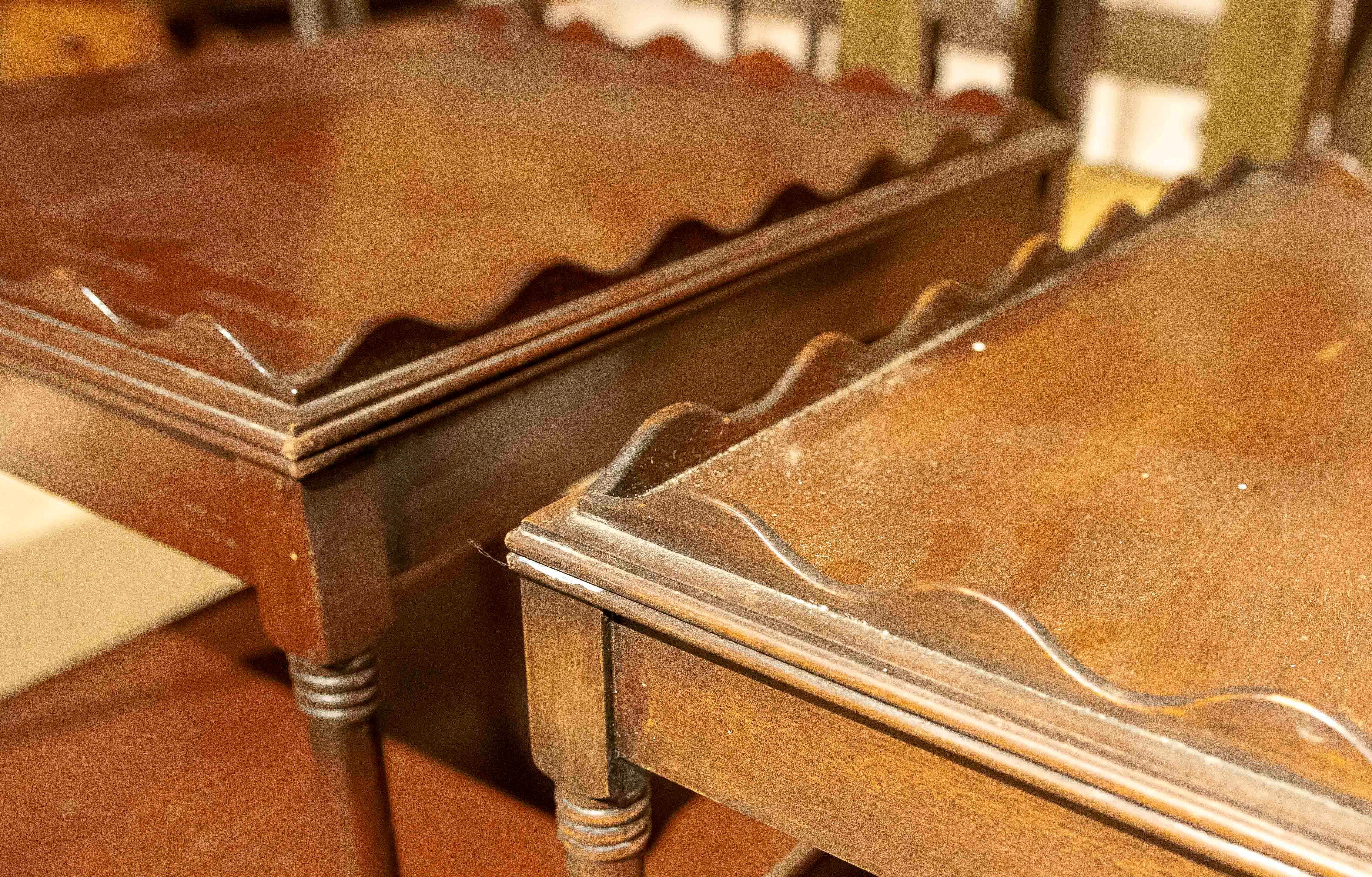 1930s Pair of English Mahogany Office Tables with Bronze Wheels 10