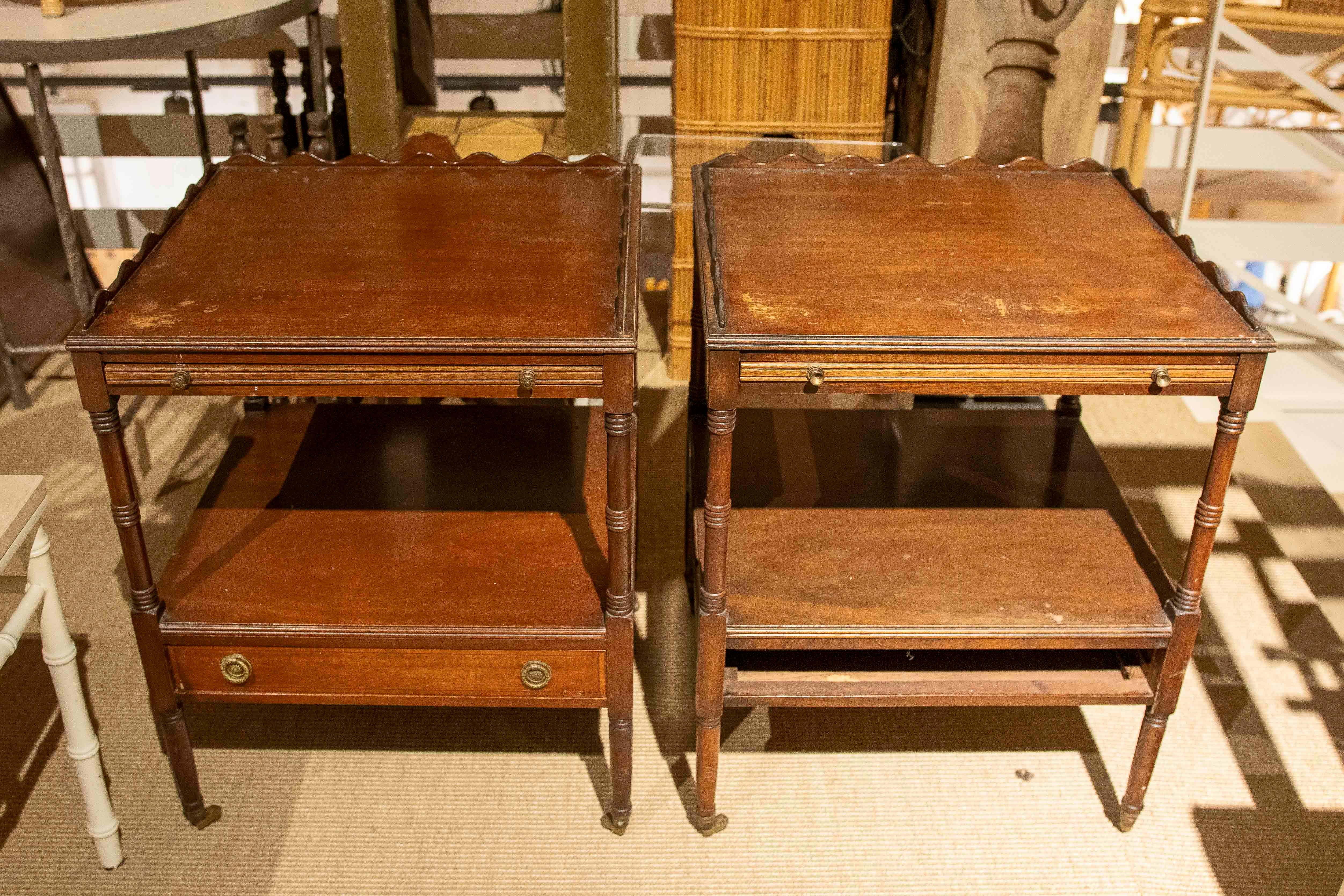 1930s Pair of English Mahogany Office Tables with Bronze Wheels 13