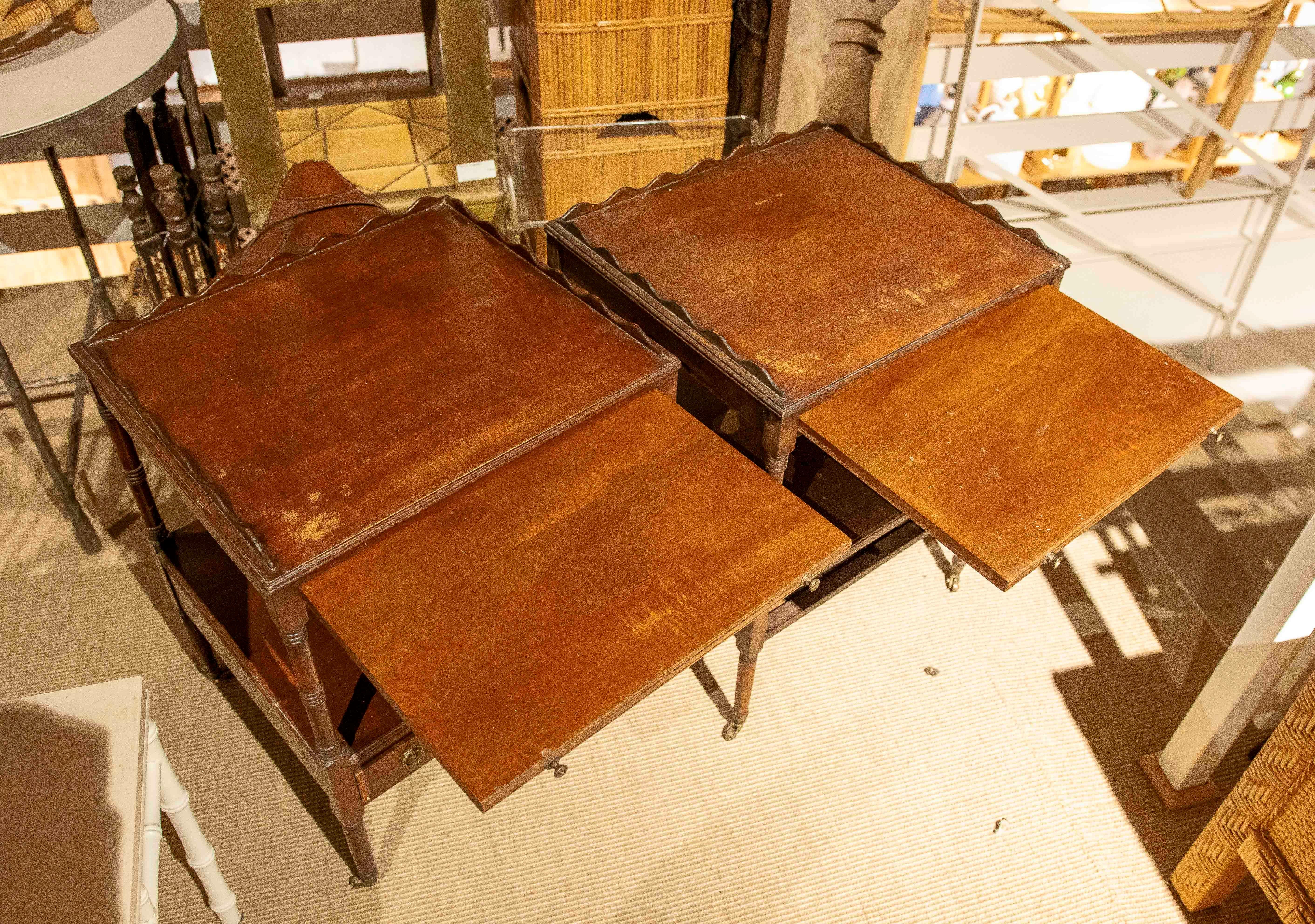 1930s Pair of English Mahogany Office Tables with Bronze Wheels 2