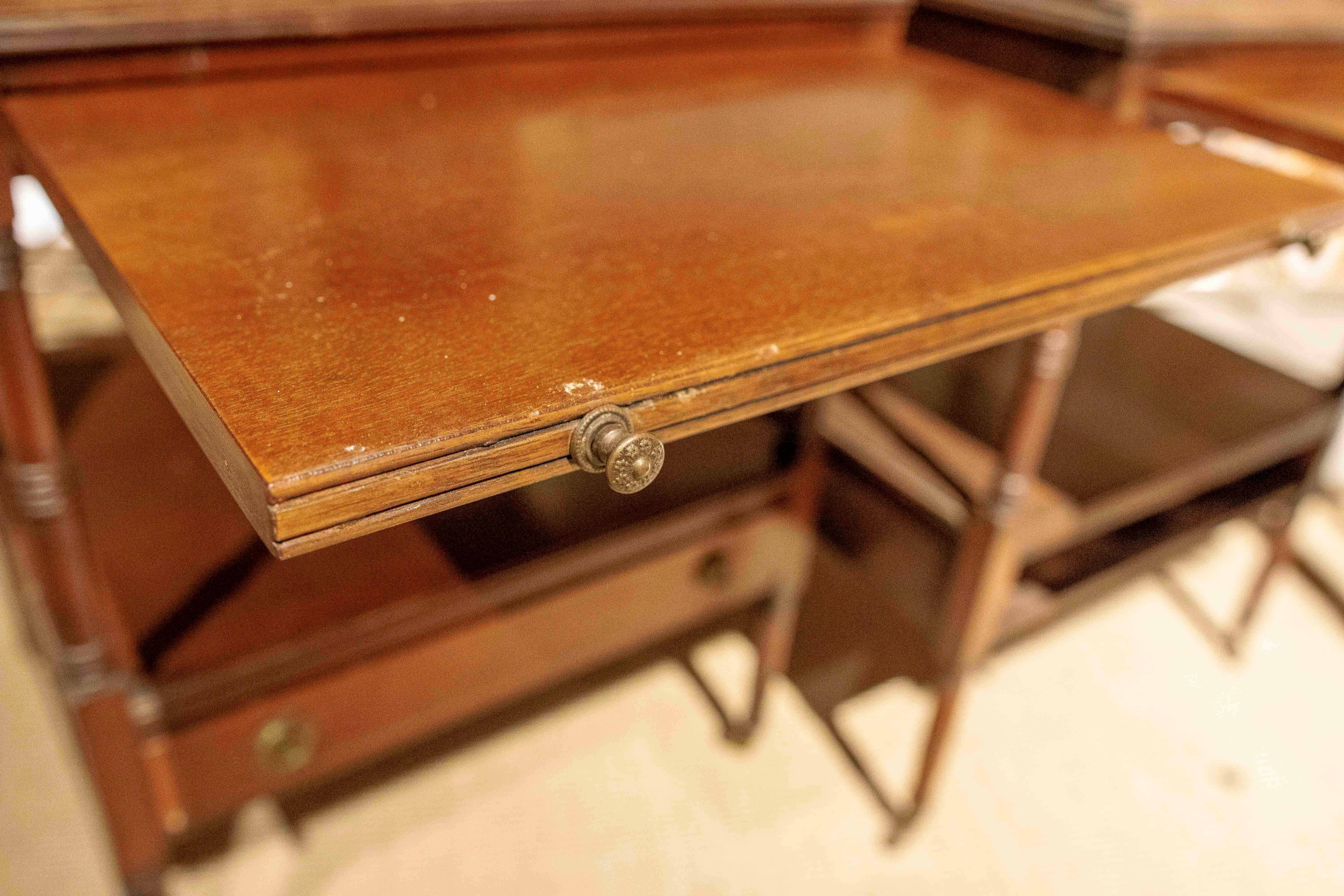 1930s Pair of English Mahogany Office Tables with Bronze Wheels 3