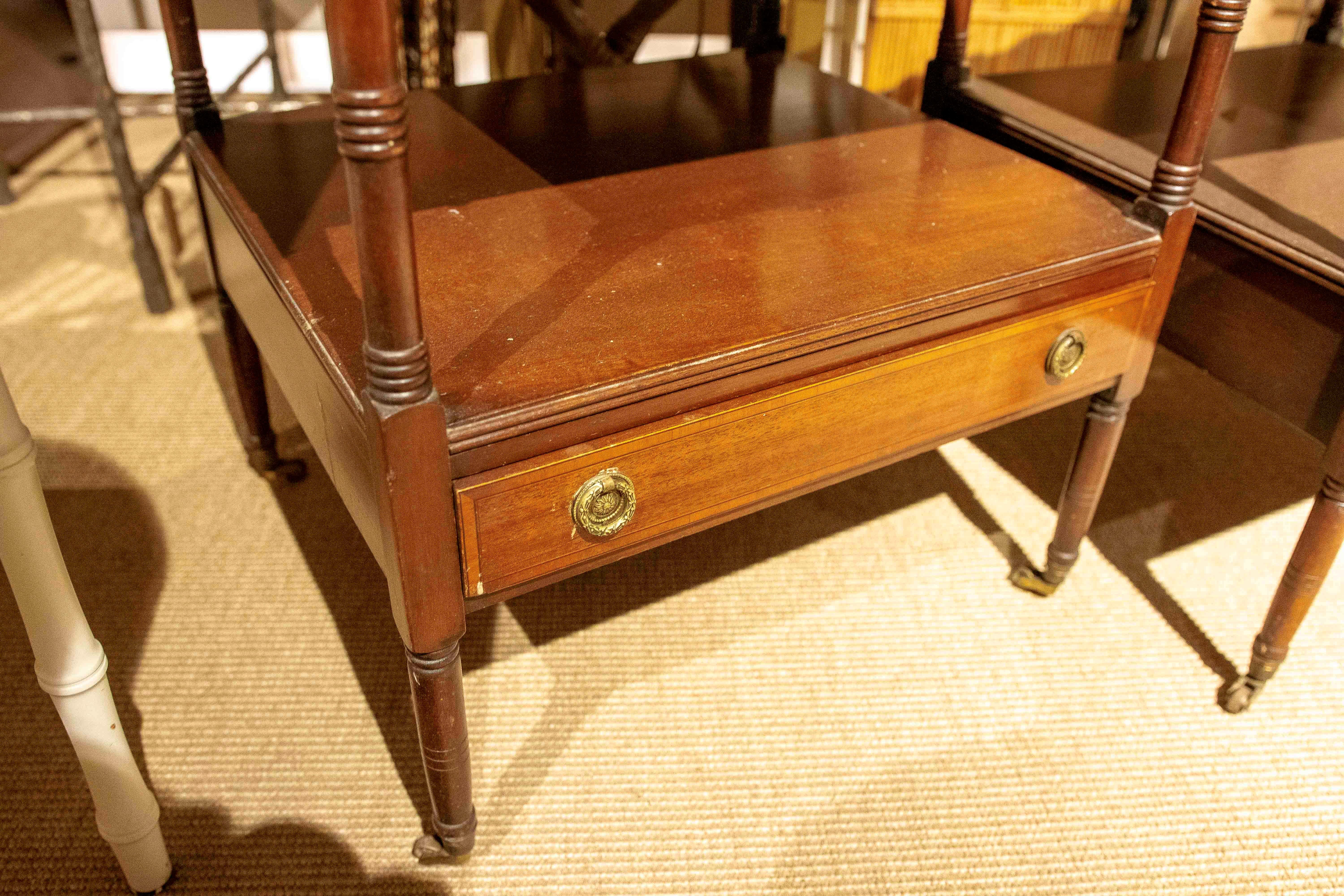 1930s Pair of English Mahogany Office Tables with Bronze Wheels 4