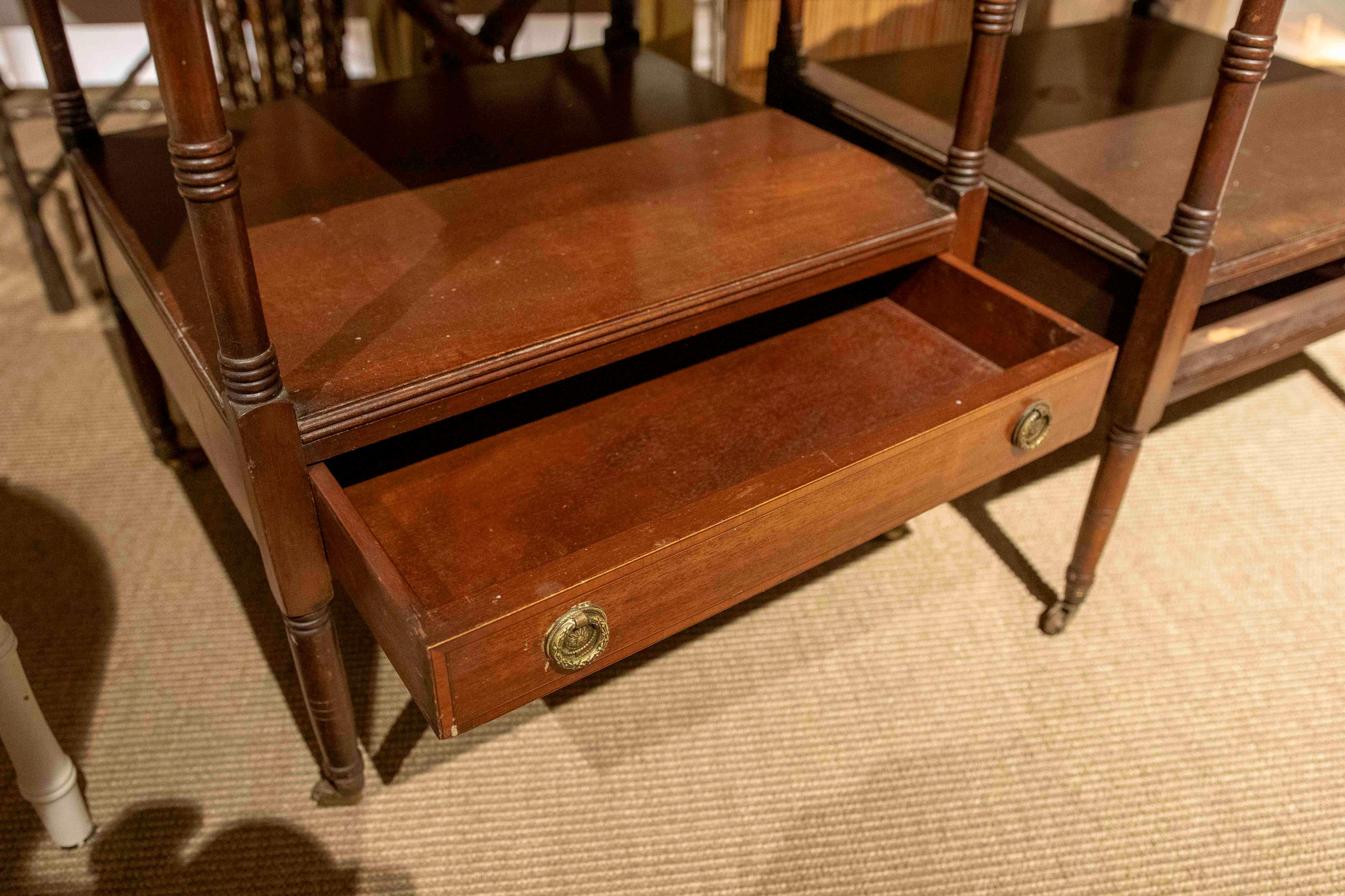 1930s Pair of English Mahogany Office Tables with Bronze Wheels 5