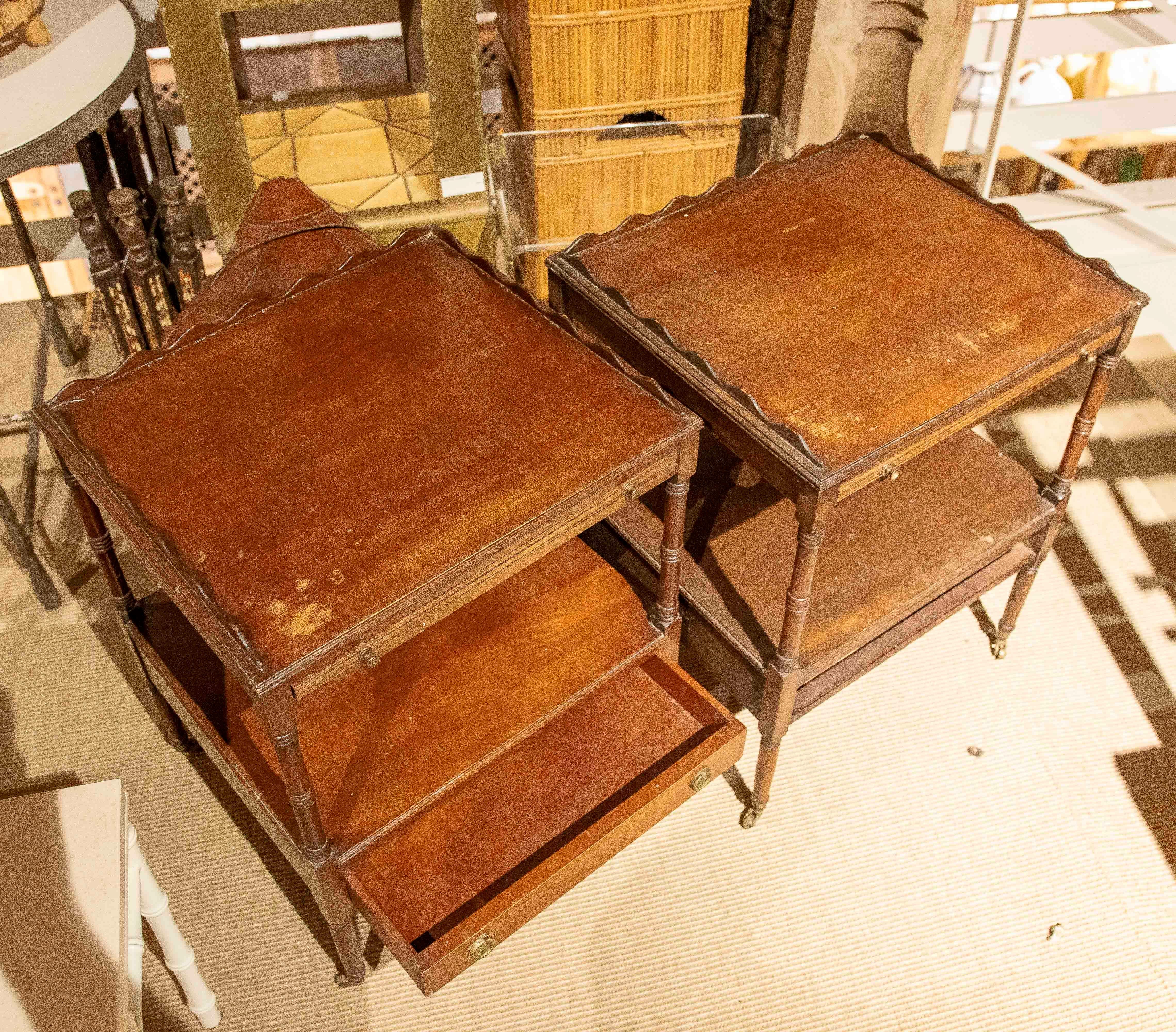 1930s Pair of English Mahogany Office Tables with Bronze Wheels 6
