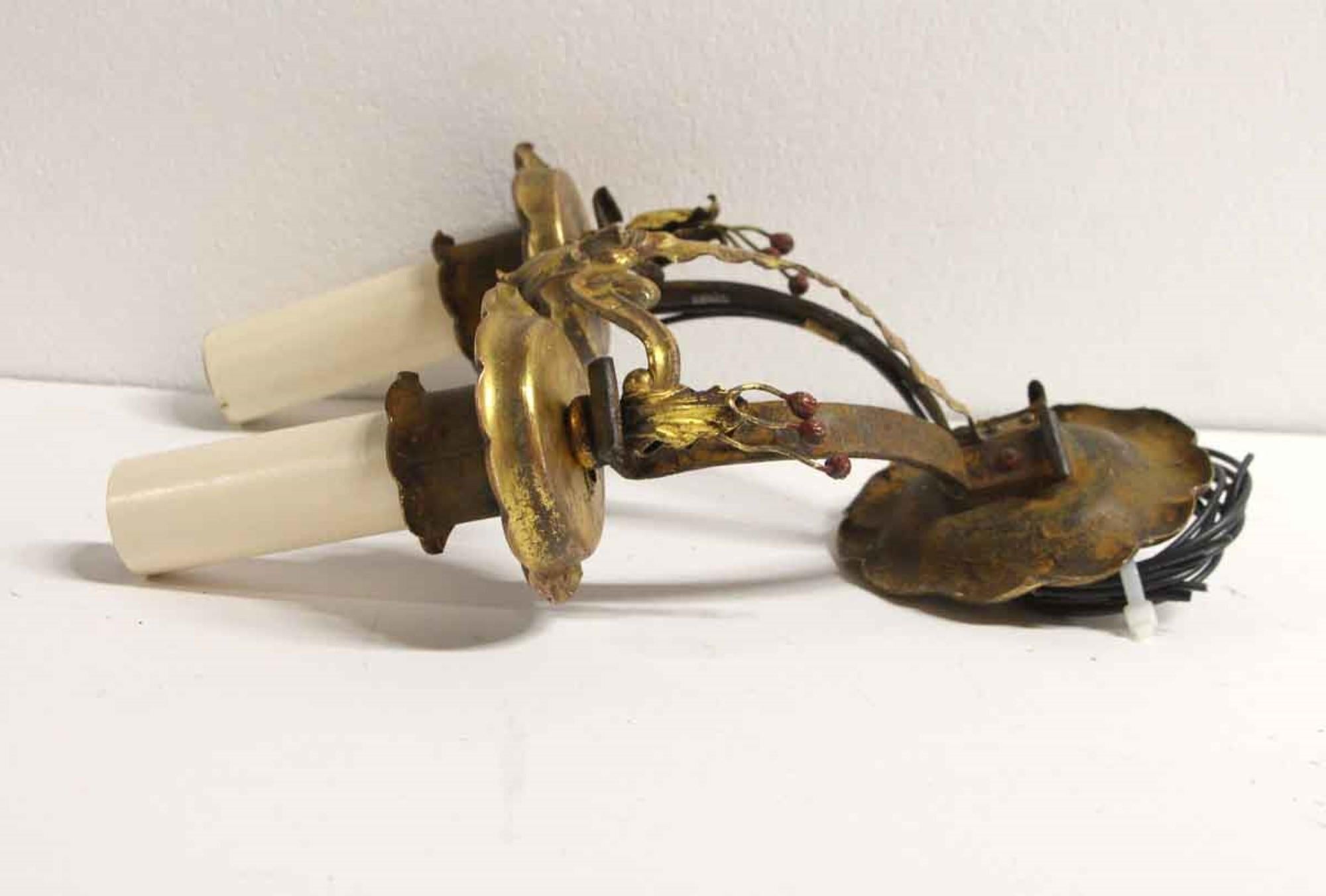 Mid-20th Century 1930s Pair of Wrought Iron Sconces with Gilding Figural Hand Hammered 