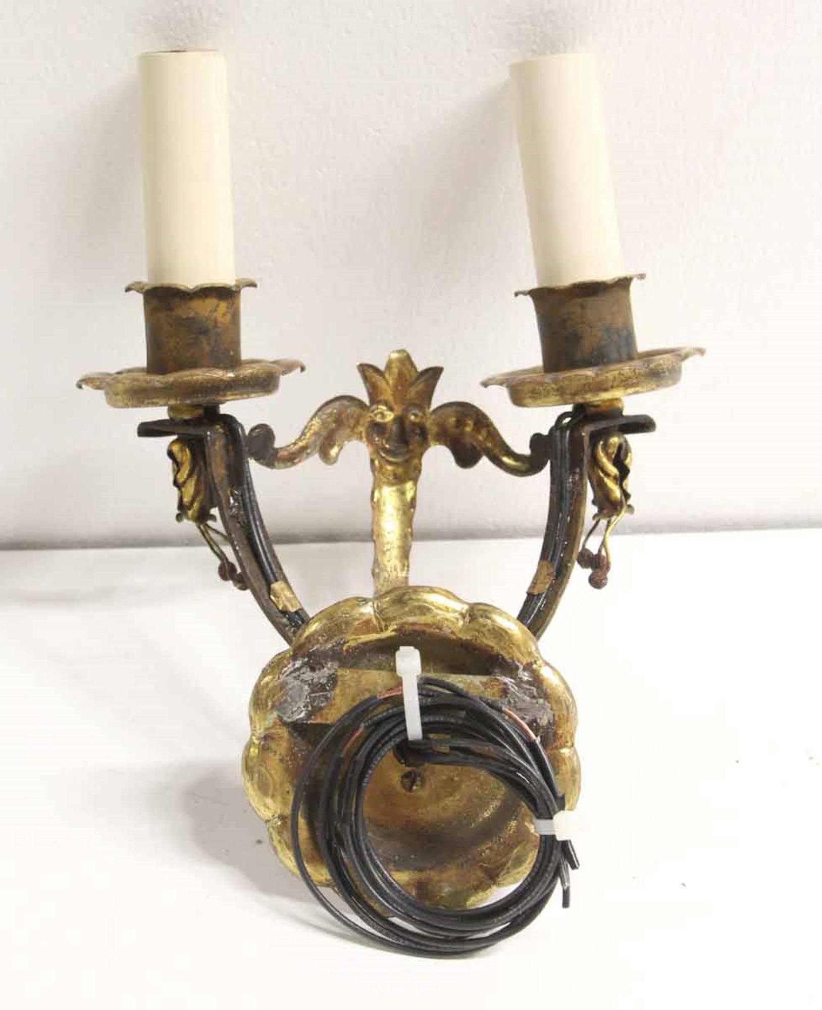1930s Pair of Wrought Iron Sconces with Gilding Figural Hand Hammered  1