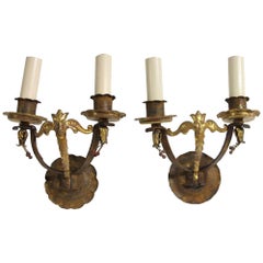 1930s Pair of Wrought Iron Sconces with Gilding Figural Hand Hammered 