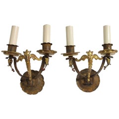 1930s Pair of Wrought Iron Sconces with Gilding Figural Hand Hammered