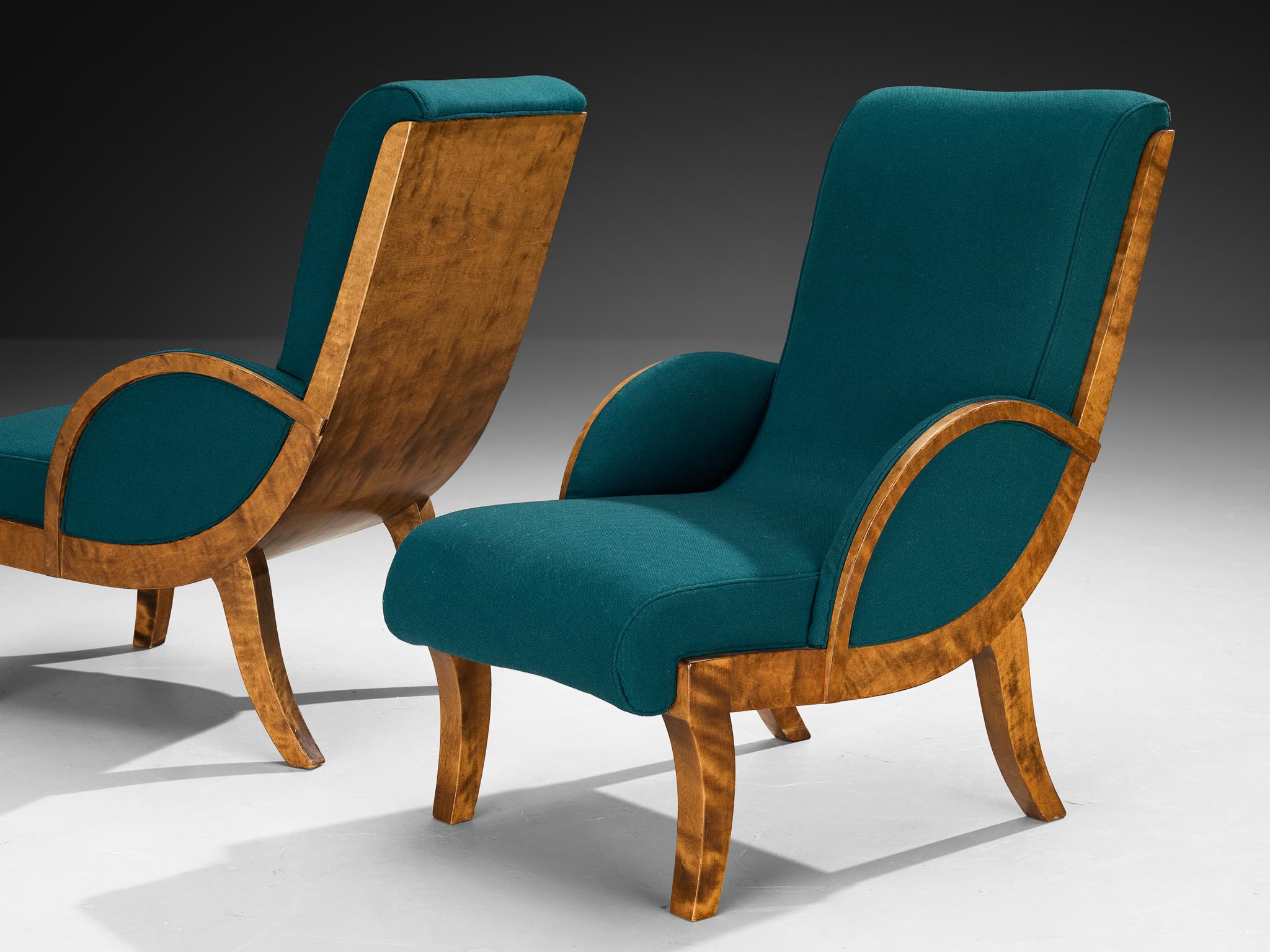 Tessuto Coppia di sedie da salotto finlandesi Art Deco curve in betulla del 1930 in vendita