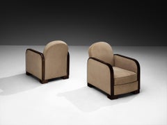 1930s Pair of French Art Deco Lounge Chairs in Light Creme Fabric and Wood
