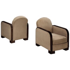 1930s Pair of French Art Deco Lounge Chairs in Light Creme Fabric and Wood