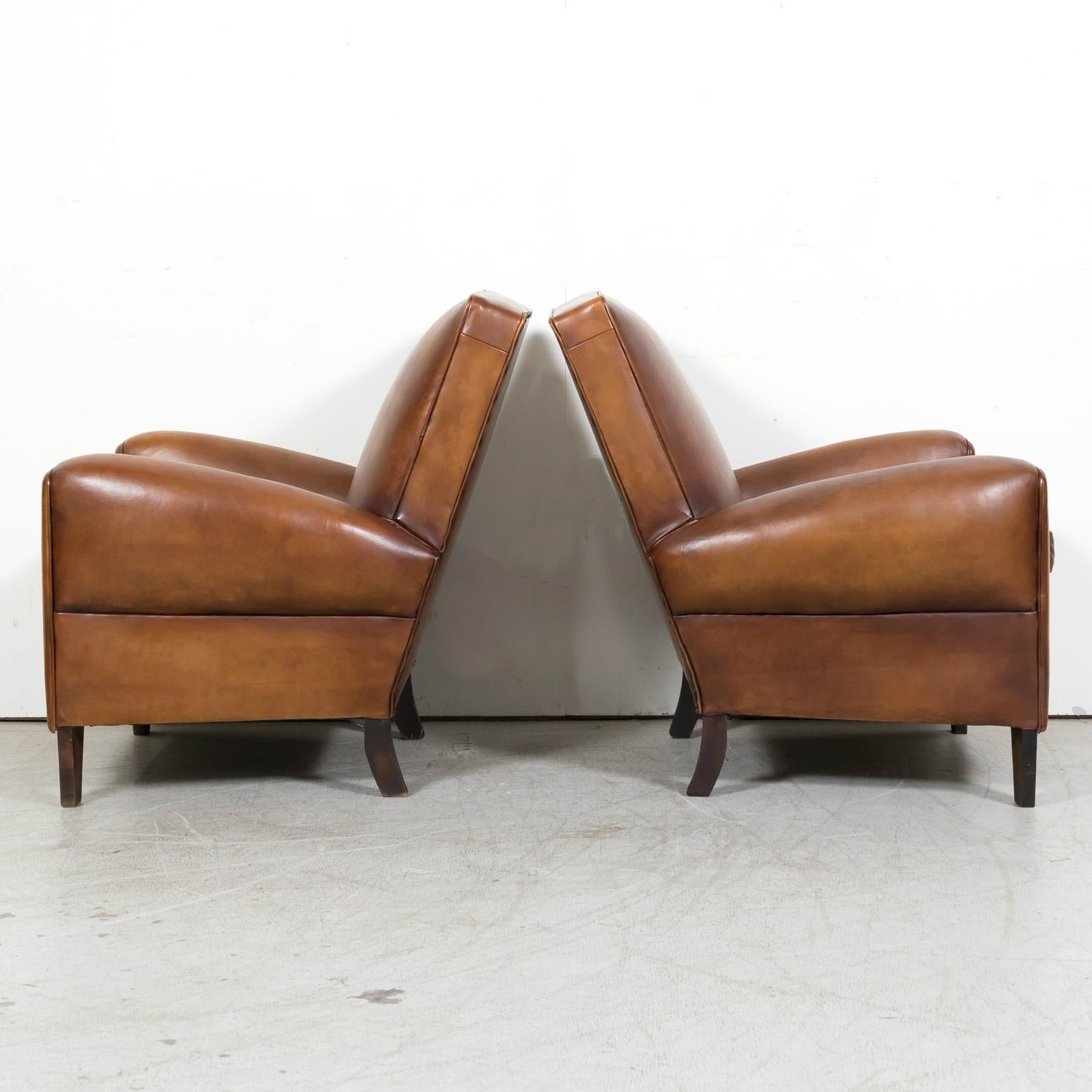 Hand-Crafted 1930s Pair of French Art Deco Period Cognac Leather Club Chairs