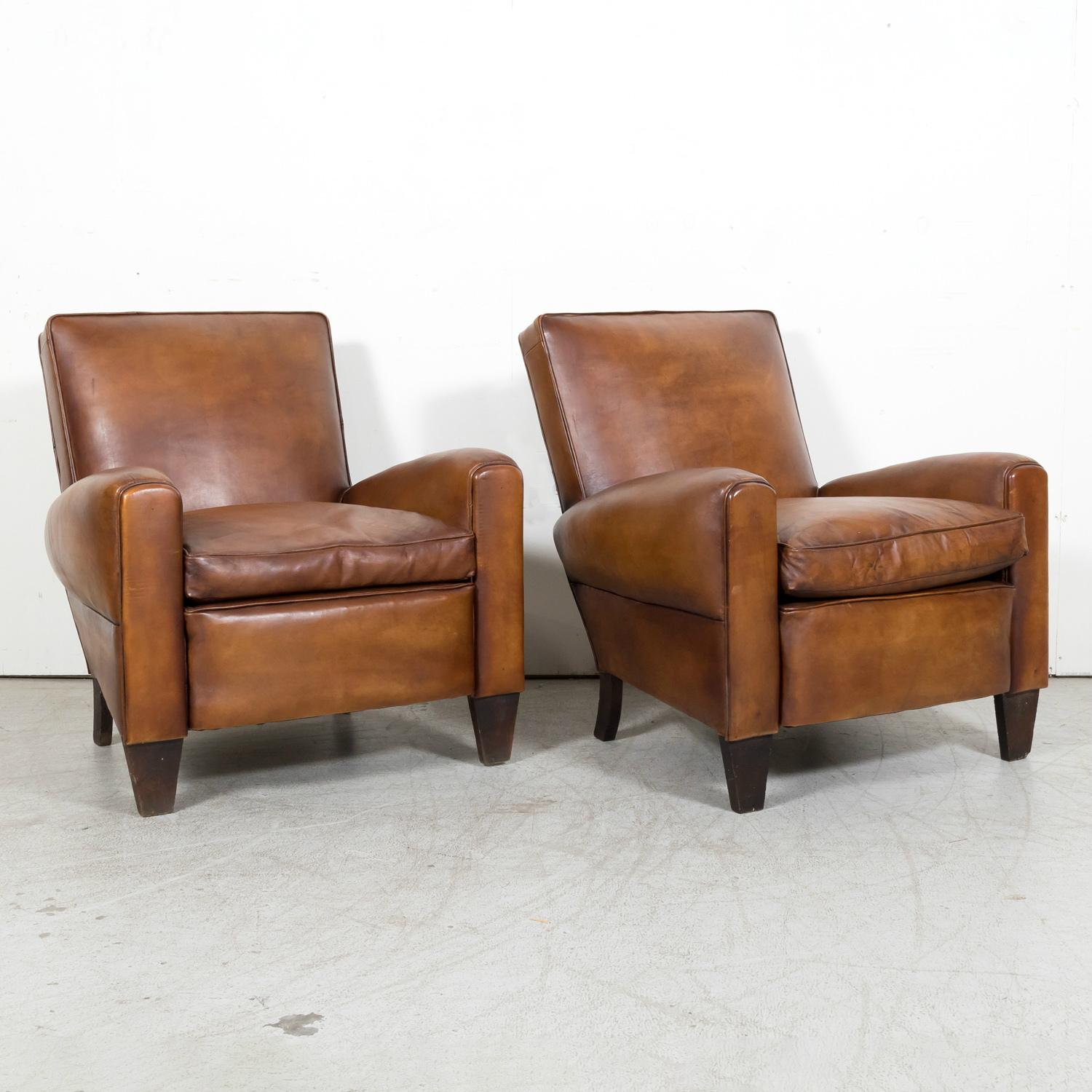 Mid-20th Century 1930s Pair of French Art Deco Period Cognac Leather Club Chairs