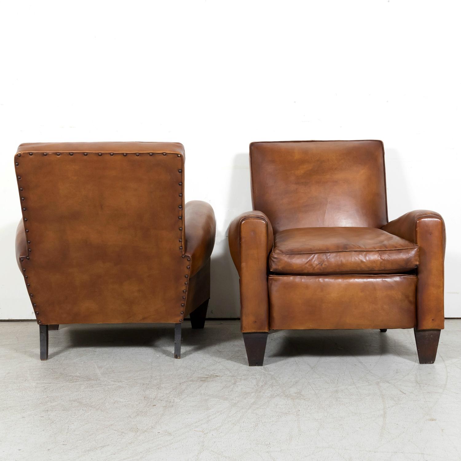 1930s Pair of French Art Deco Period Cognac Leather Club Chairs 1