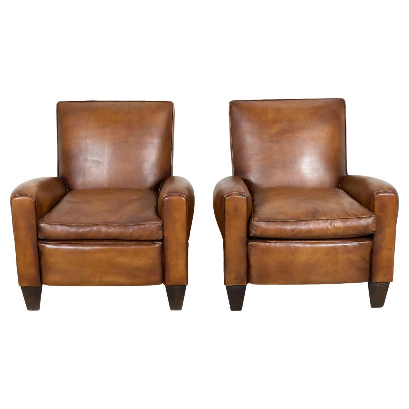 1930s Pair of French Art Deco Period Cognac Leather Club Chairs