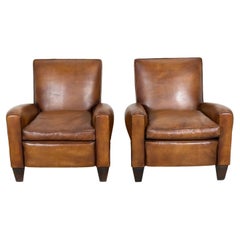1930s Pair of French Art Deco Period Cognac Leather Club Chairs