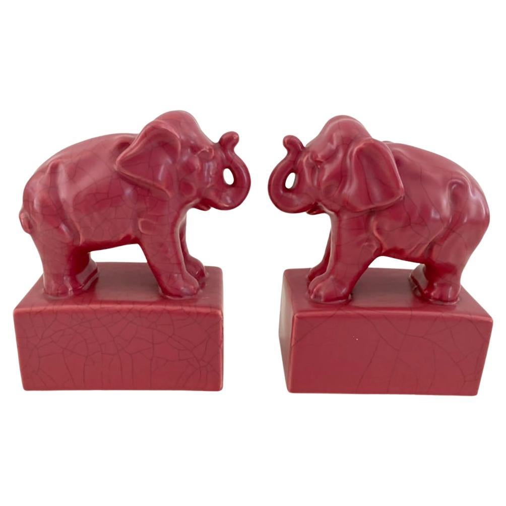 1930s Pair of French Ceramic Pink Elephant Bookends