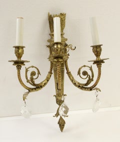 1930s Pair French Torche Brass 3 Arm Sconces Teardrop Crystals