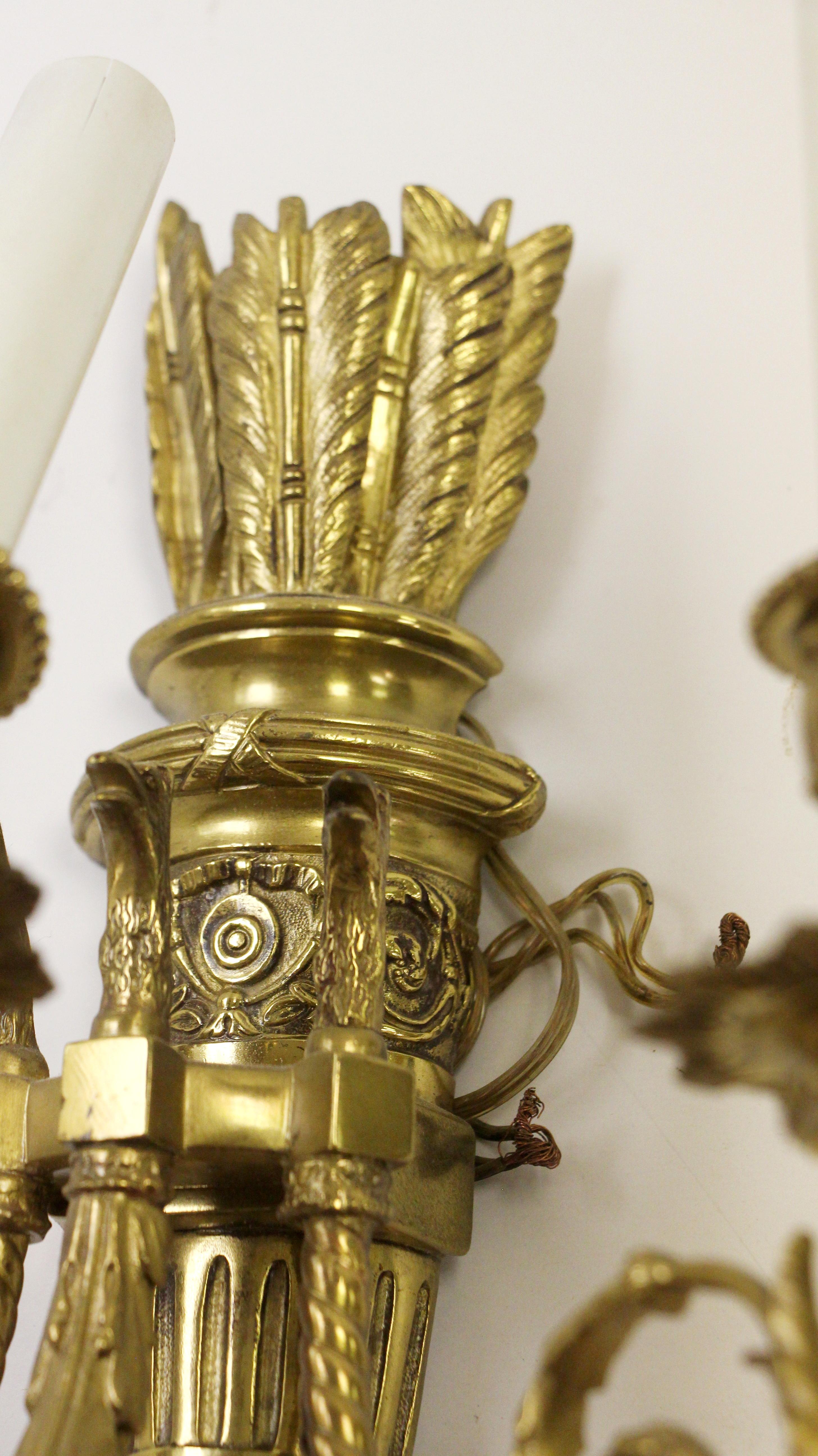 1930s Pair French Torche Brass 3 Arm Sconces Teardrop Crystals In Good Condition For Sale In New York, NY