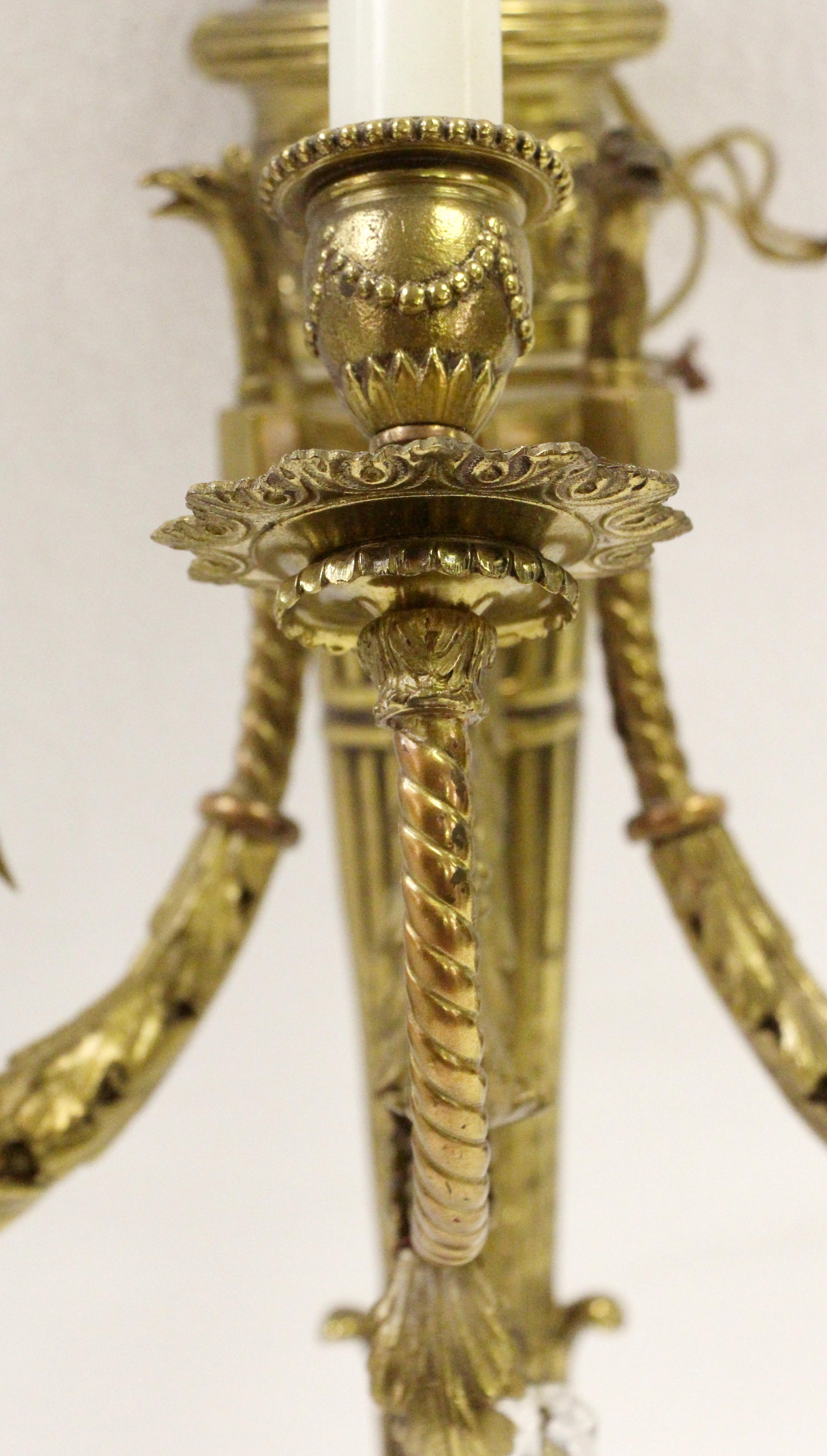 Mid-20th Century 1930s Pair French Torche Brass 3 Arm Sconces Teardrop Crystals For Sale