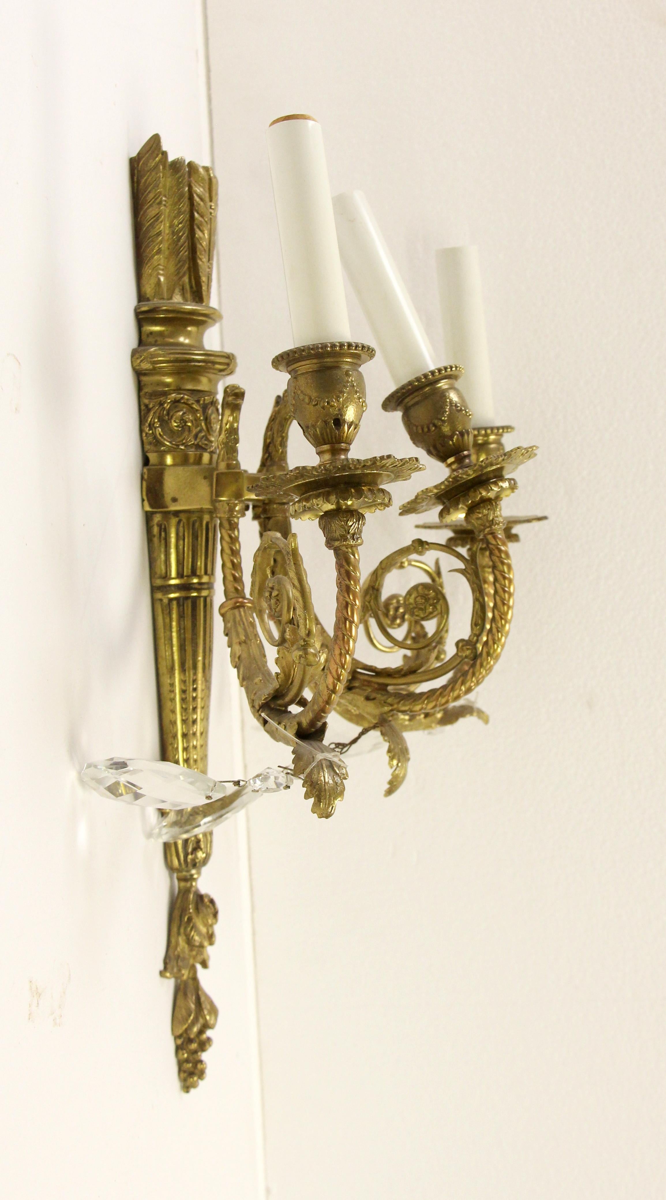 1930s Pair French Torche Brass 3 Arm Sconces Teardrop Crystals For Sale 4