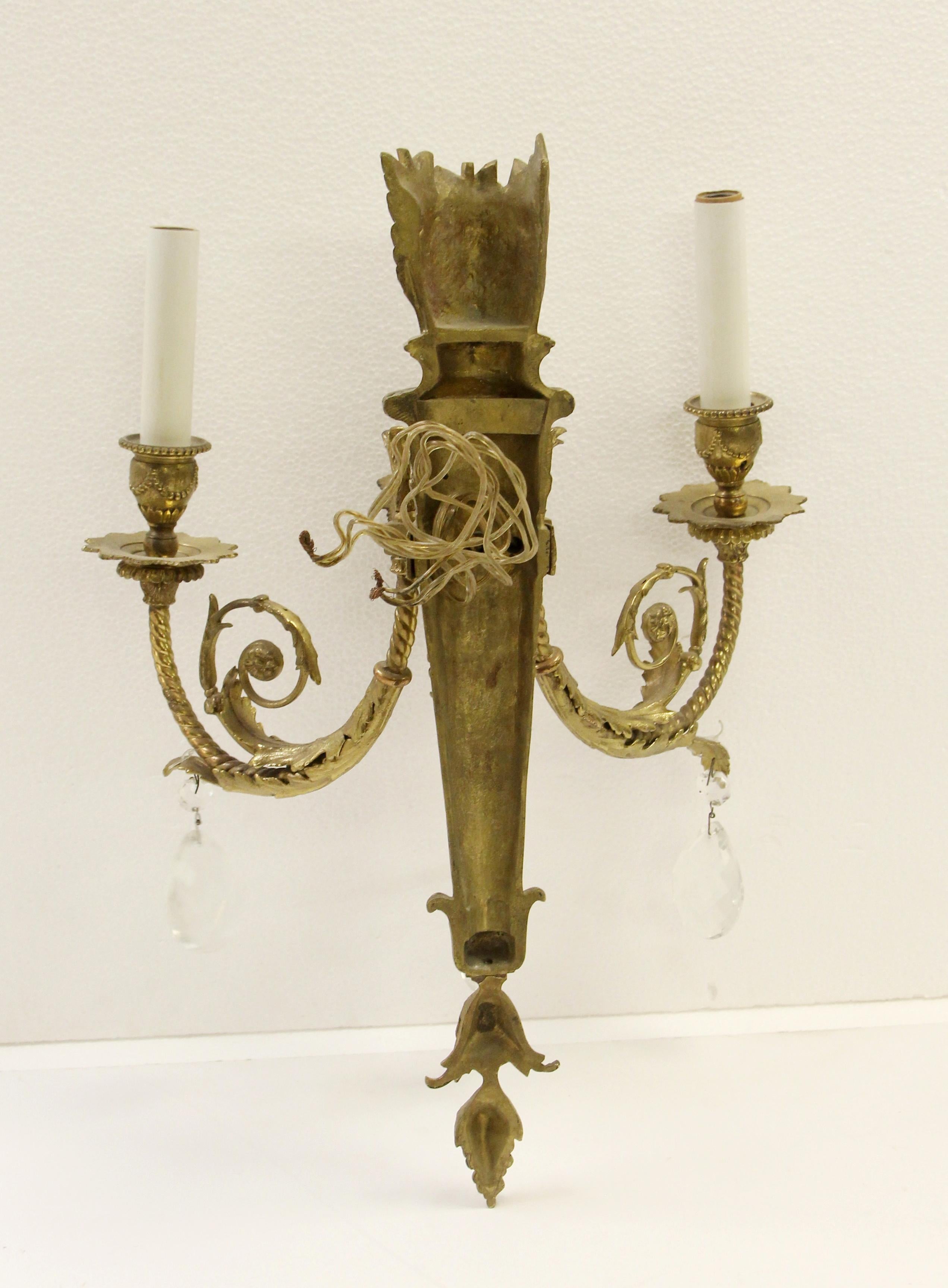 1930s Pair French Torche Brass 3 Arm Sconces Teardrop Crystals For Sale 5