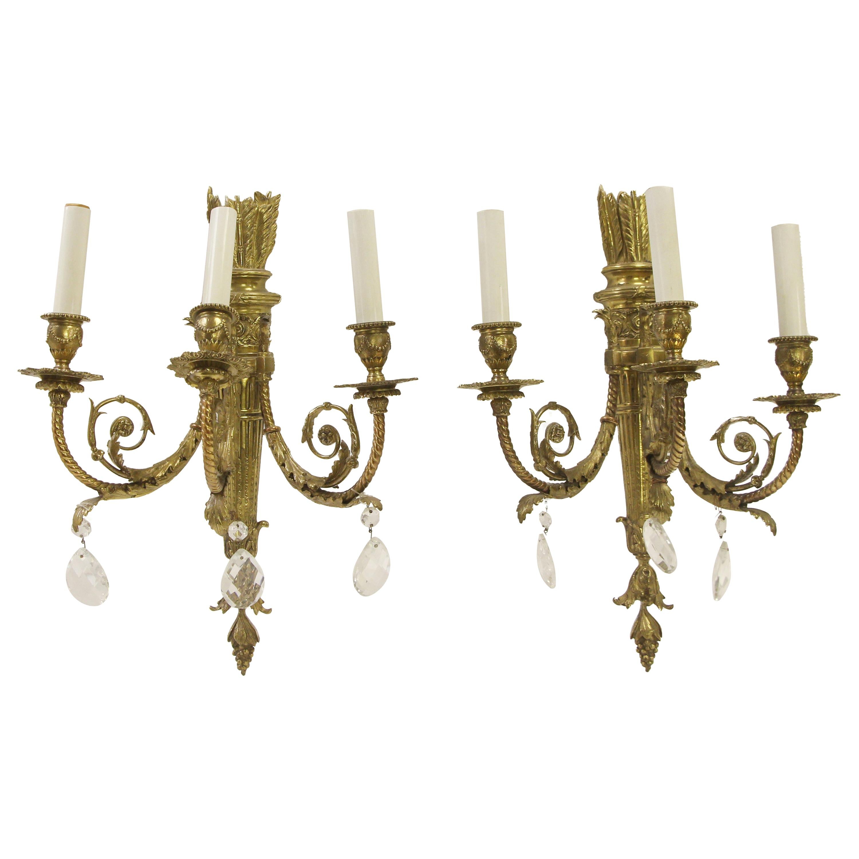 1930s Pair French Torche Brass 3 Arm Sconces Teardrop Crystals For Sale