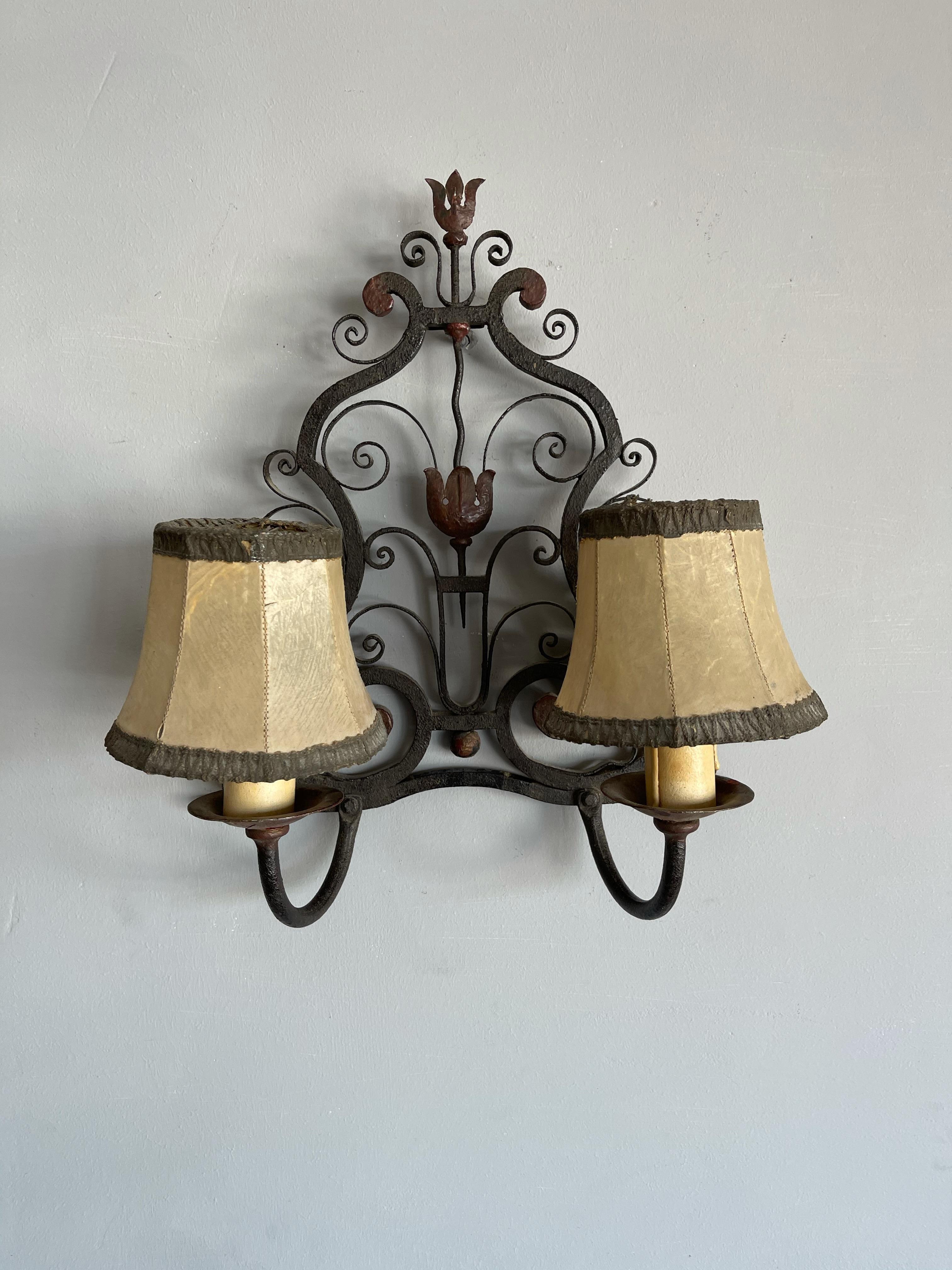 Hammered 1930s Pair of Handmade Wrought Iron French Art Deco Poillerat Style Wall Sconces