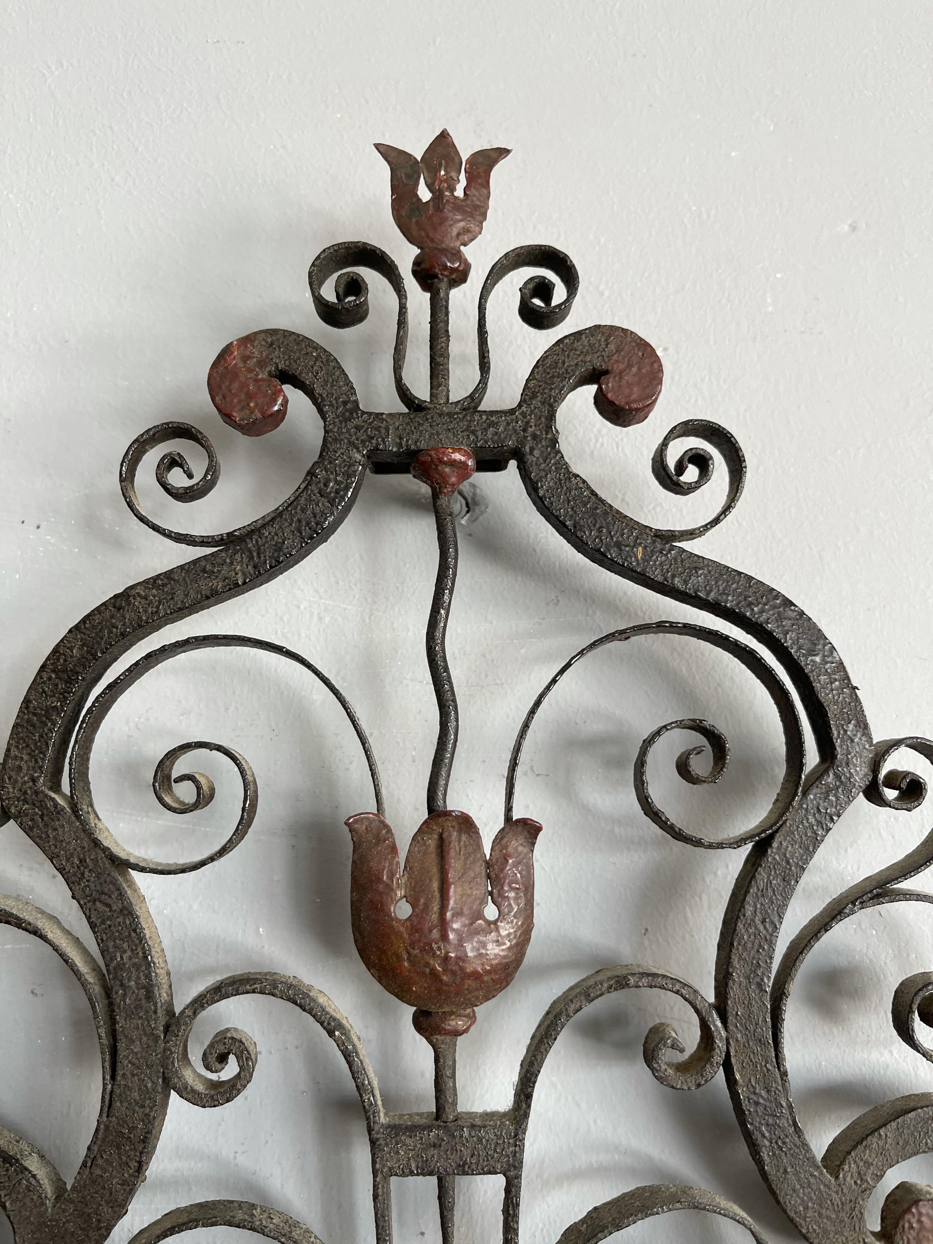 20th Century 1930s Pair of Handmade Wrought Iron French Art Deco Poillerat Style Wall Sconces