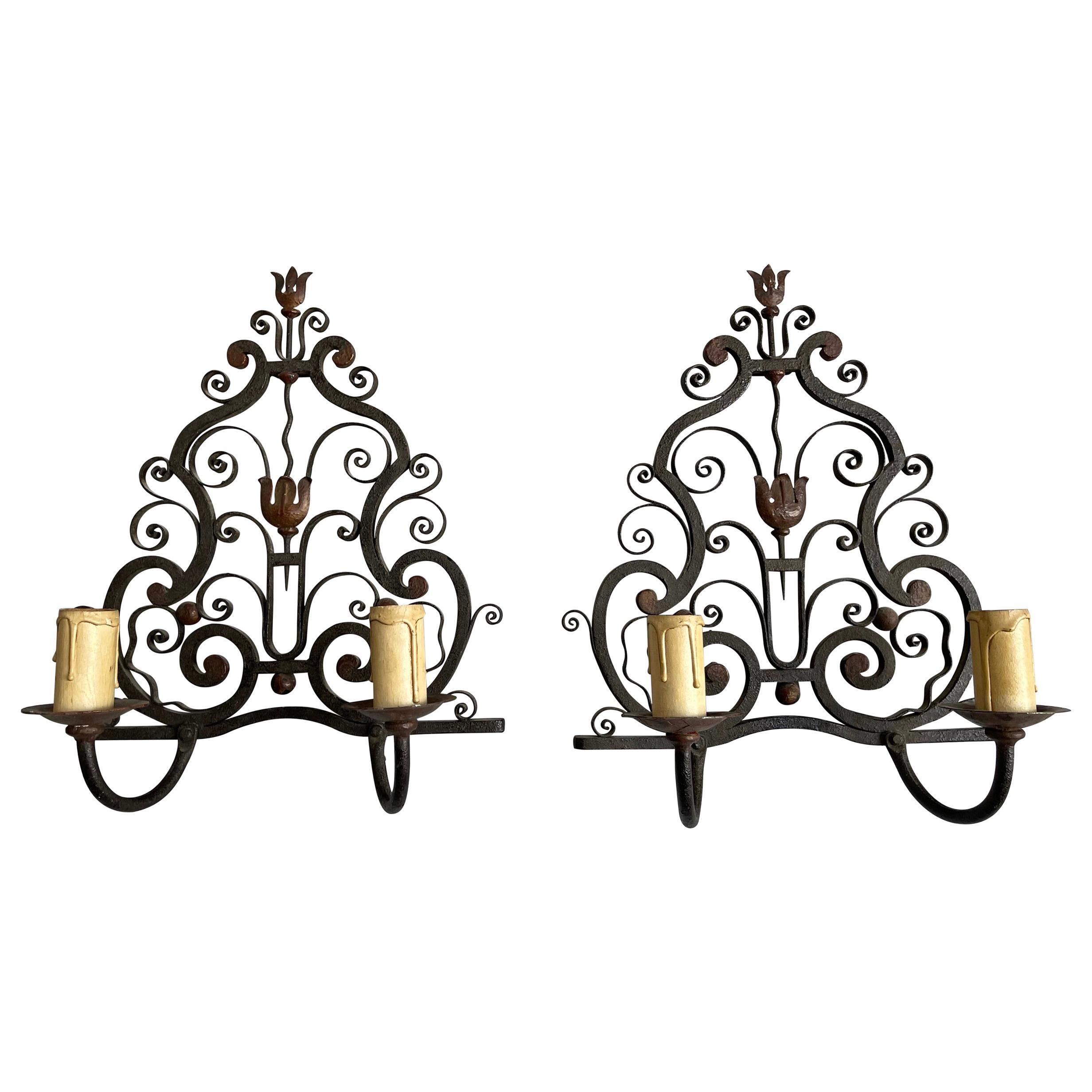 1930s Pair of Handmade Wrought Iron French Art Deco Poillerat Style Wall Sconces