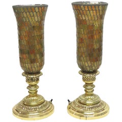 1930s Pair of Hurricane Lamps with Opalescent Colored Glass Shades