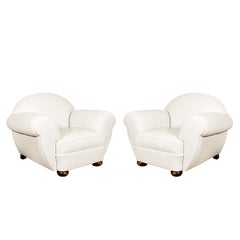 Paire de grands fauteuils club Art Déco en cuir ivoire - Belgique