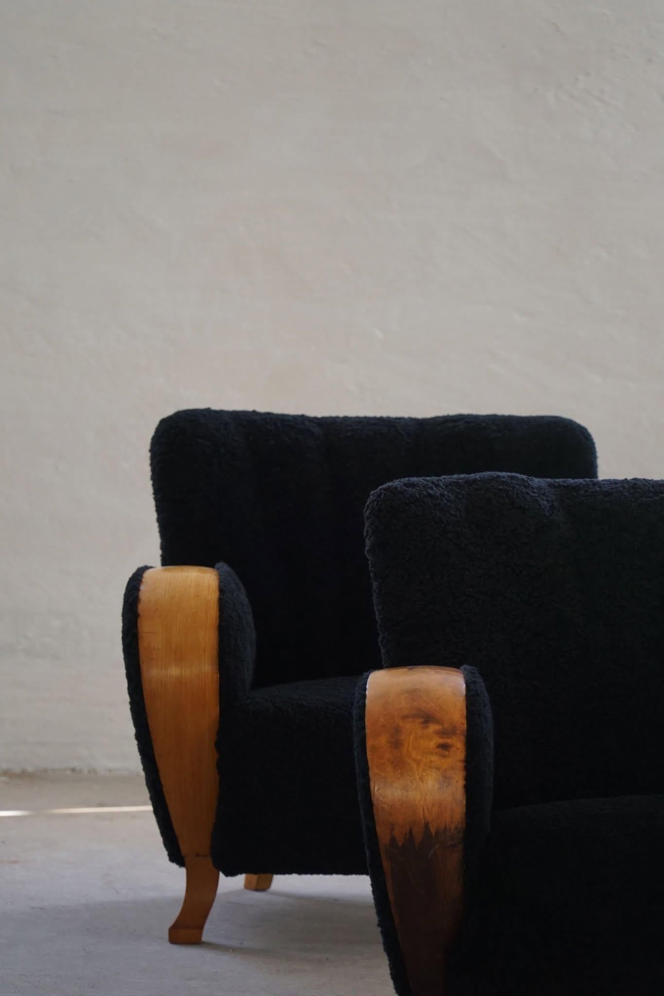 Paire de chaises longues des années 1930, tapissées de laine d'agneau, Art déco, Swedsih Modern en vente 2