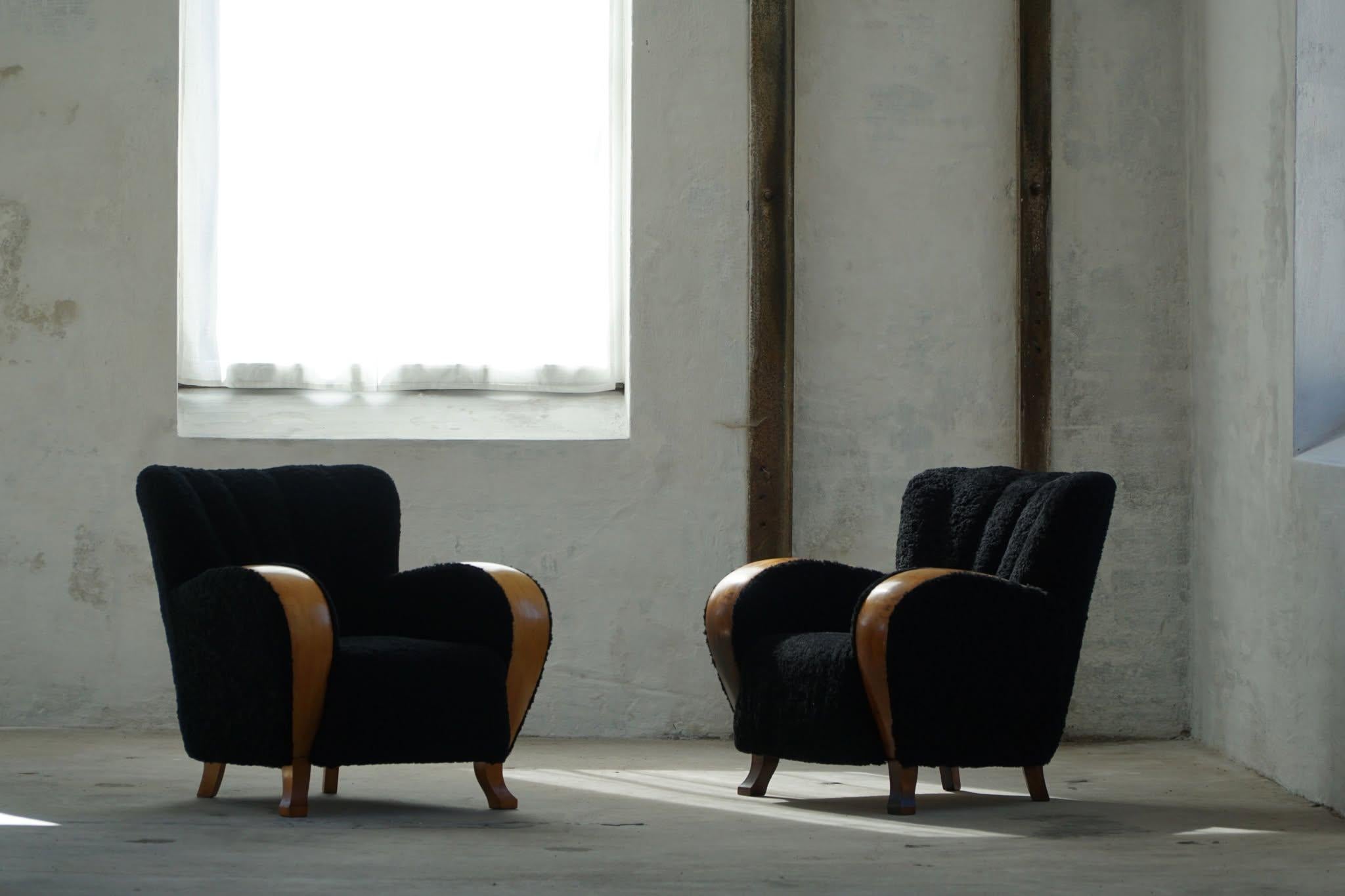 Paire de chaises longues des années 1930, tapissées de laine d'agneau, Art déco, Swedsih Modern en vente 6