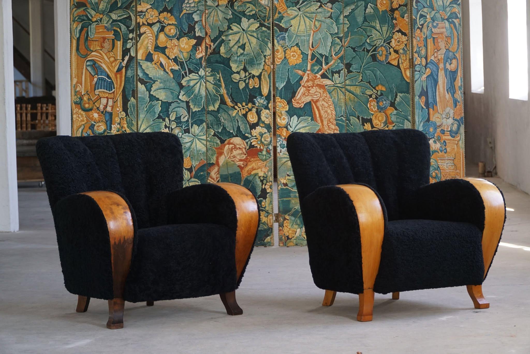 Paire de chaises longues des années 1930, tapissées de laine d'agneau, Art déco, Swedsih Modern en vente 10
