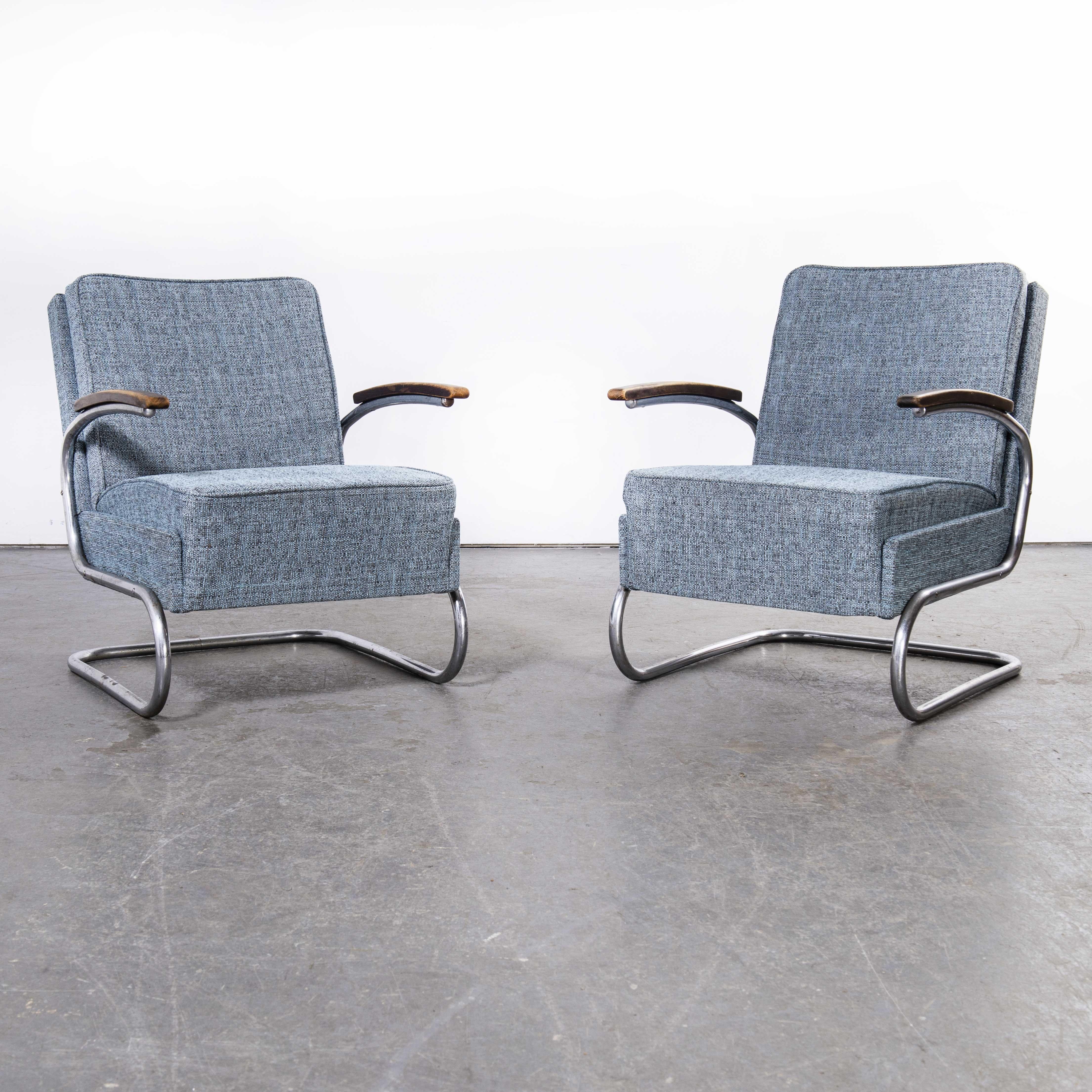1930er Jahre, Paar Original-Sessel von Mucke Melder, komplett restauriert, „Blau Fleck“ im Angebot 4
