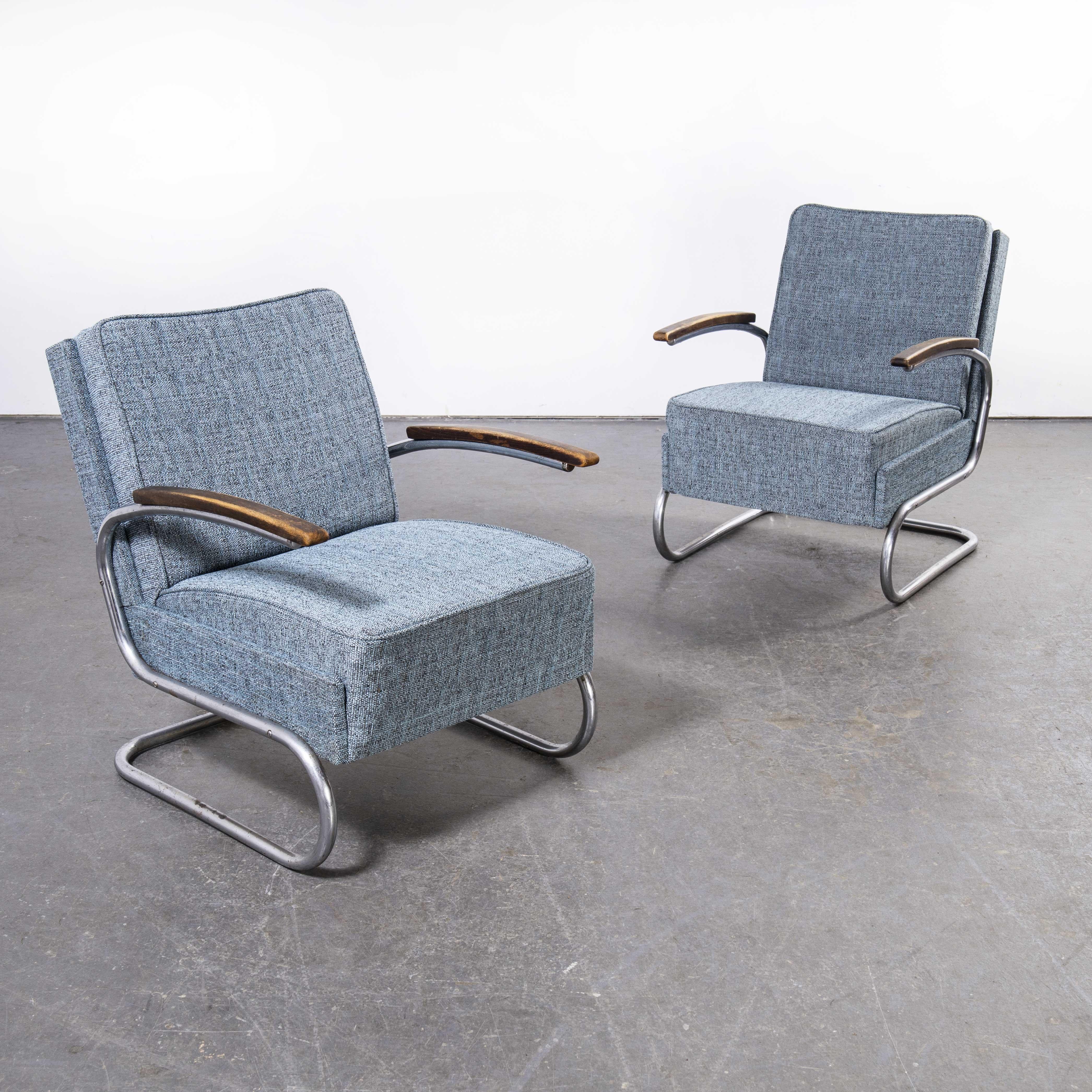 1930er Jahre, Paar Original-Sessel von Mucke Melder, komplett restauriert, „Blau Fleck“ (Stoff) im Angebot