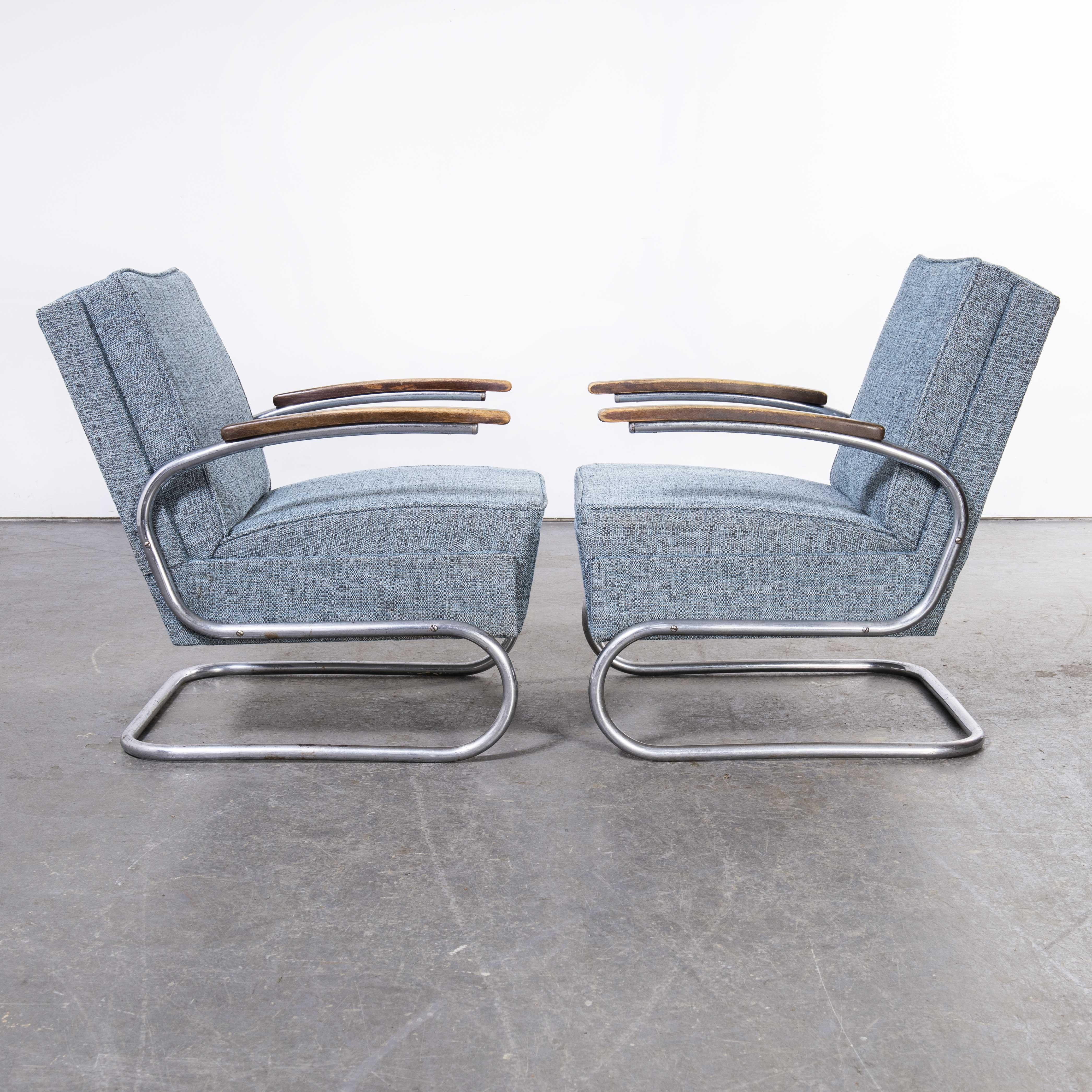 1930er Jahre, Paar Original-Sessel von Mucke Melder, komplett restauriert, „Blau Fleck“ im Angebot 3