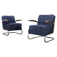 1930's Pair of Mucke Melder Original Armchairs, Fully Restored, 'Blue Fleck'