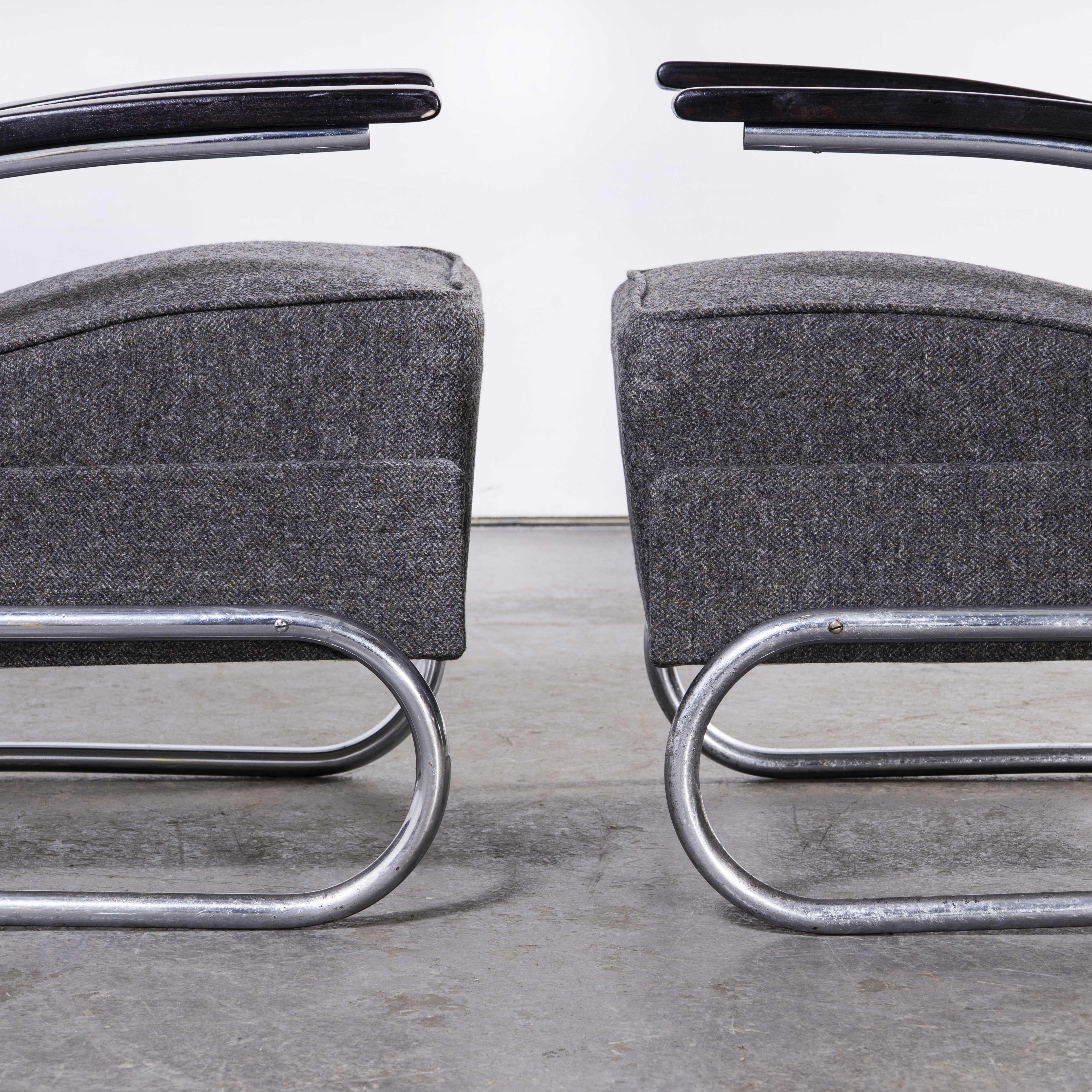 1930's Pair of Mucke Melder Original Armchairs, Fully Restored Grey Herringbon In Good Condition For Sale In Hook, Hampshire