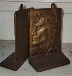 1930's Pair of Native American Chief Brass Bookends