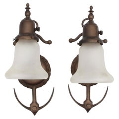 1930s Pair of Nautical Wall Sconces with Anchors & Frosted Glass Shades