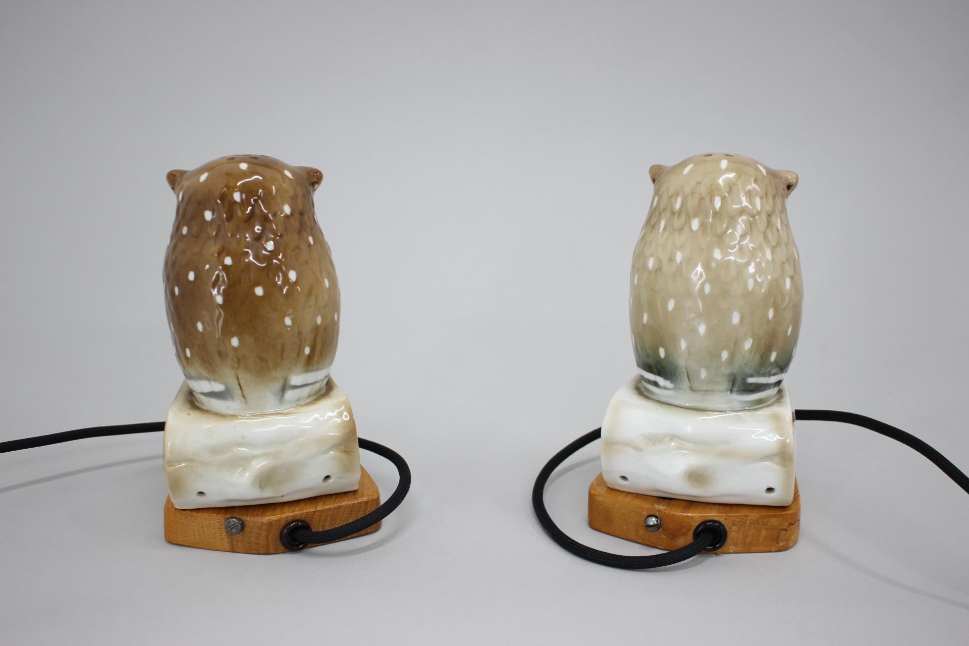 Tchèque Paire de lampes de table Art Déco en porcelaine avec hibou, Tchécoslovaquie, années 1930 en vente