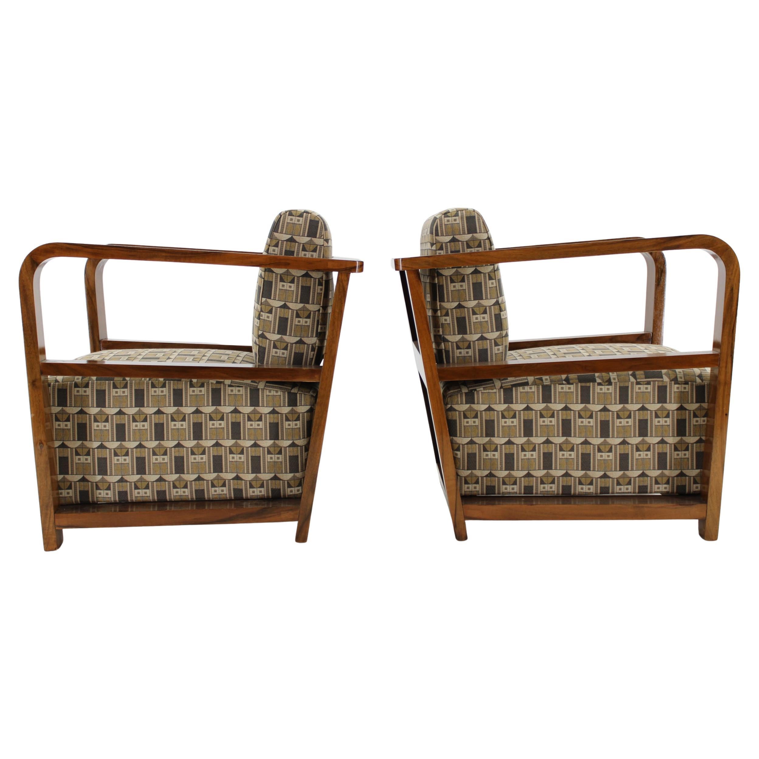 1930s Pair of Rare Refurbished Art Deco Armchairs in Walnut , Reupholstered