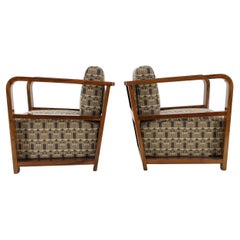 1930 Pareja de raros sillones Art Decó restaurados en nogal , retapizados
